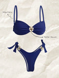 Swim Mod Women's Red Plain Boho Spaghetti Strap Tie Back Tie Side Bikini Set Stylish Swimwear