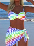 Women's Striped Ombre Rainbow 3 PiecesBikini Set For Beach Vacation
