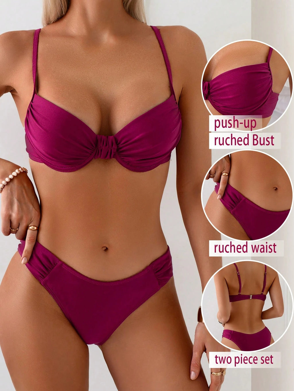 Swim Basics Women's Black Sexy Padded Support Ruched Bust Top And Bikini Bottoms