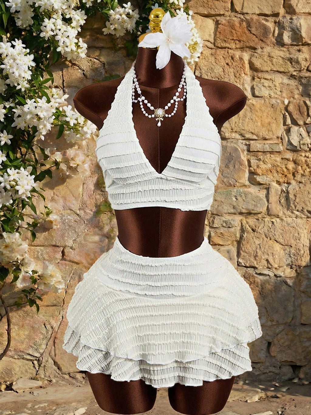 Zestiva Women's White Textured Trim Halter Bikini Top, Bottom & Skirt