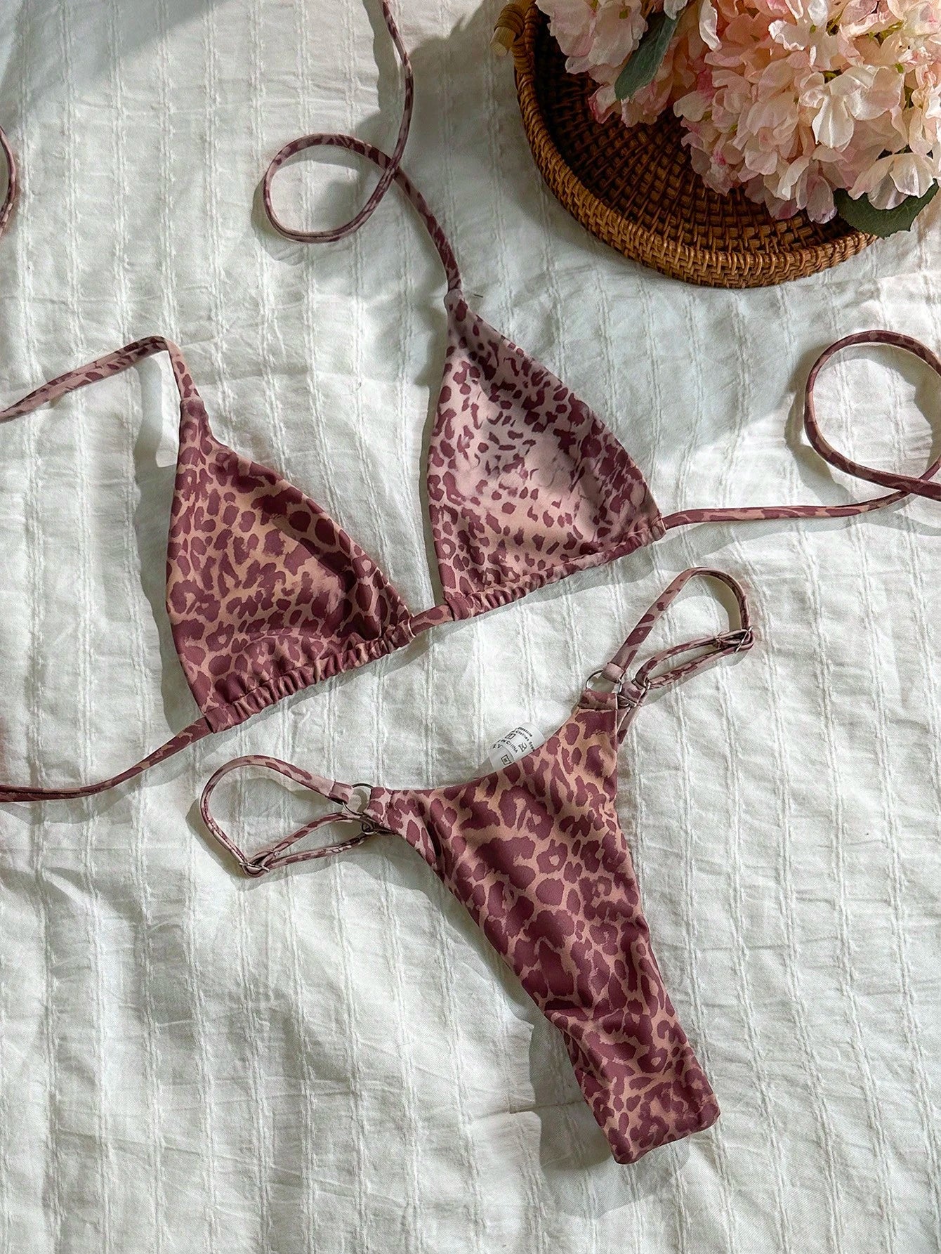 Swim Mod Women's 2 Pieces Bikini Set, Pink Stripe Triangle Spaghetti
