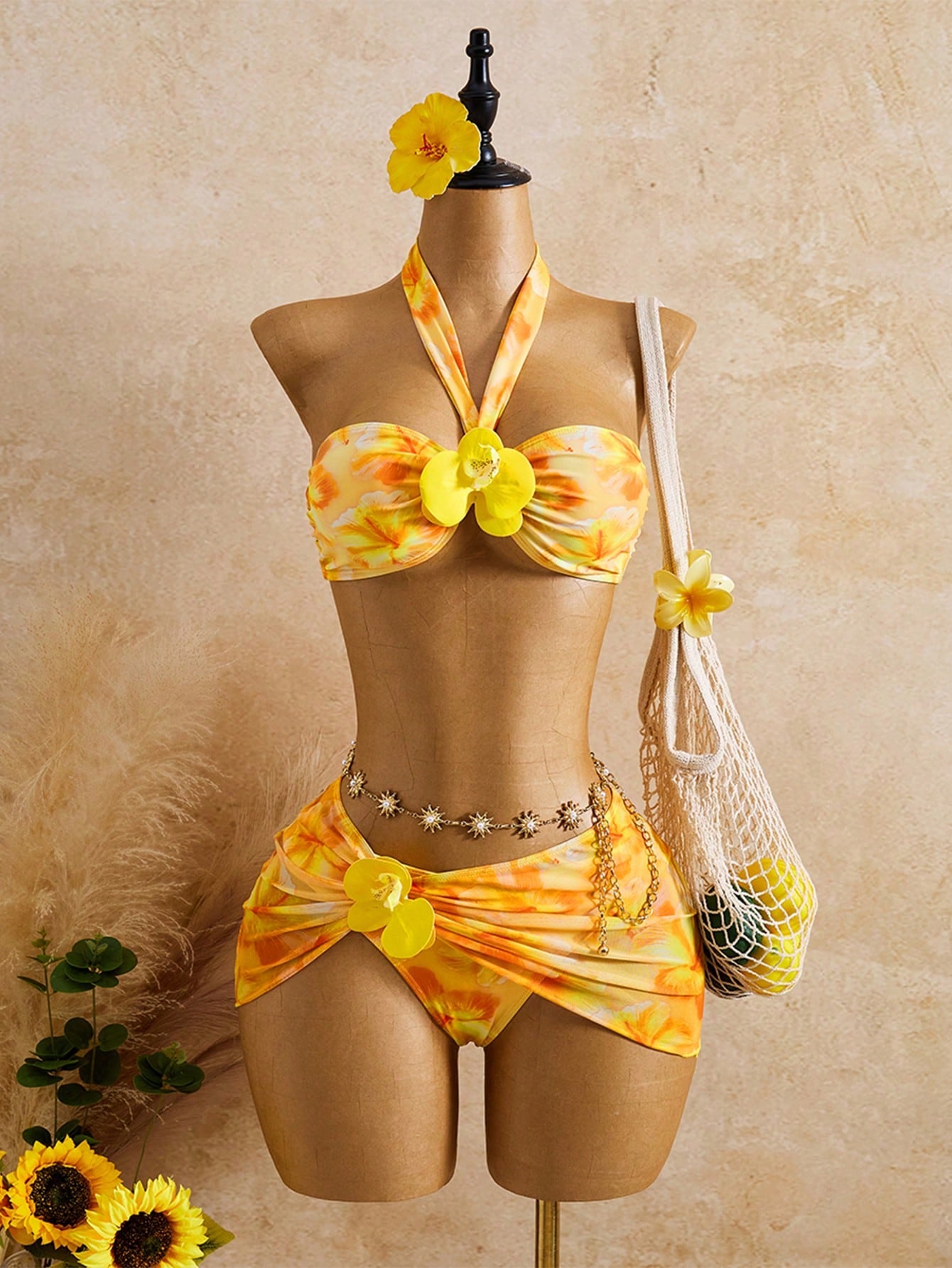 Bellisia Women's Beach Outfit, Yellow Tie-Dye Big Floral, 3-Piece Set With 3D Fl