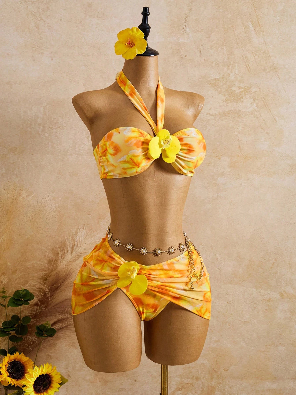 Bellisia Women's Yellow Summer Boho Beach Holiday 3-Piece Set,Tie-Dye