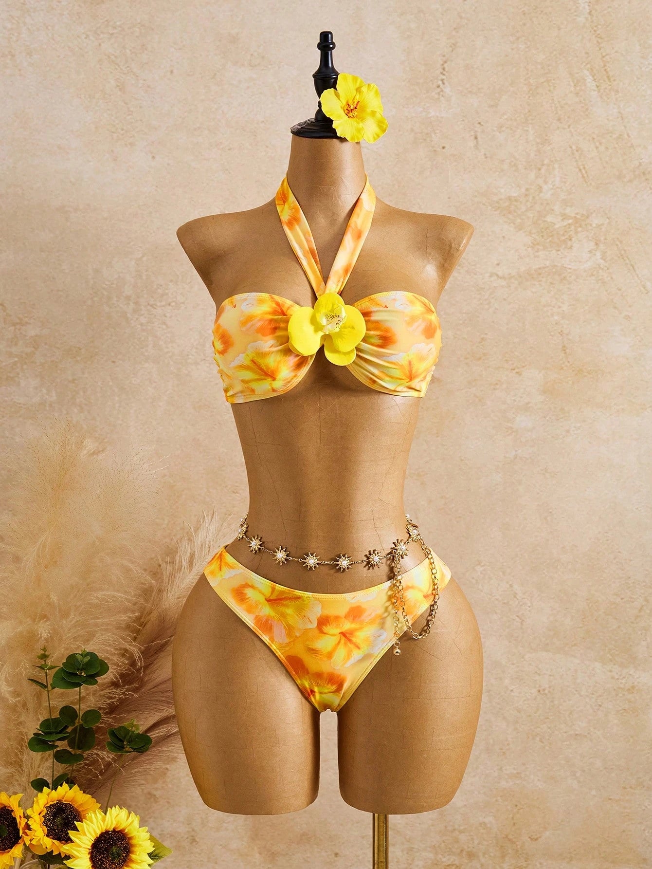 Bellisia Women's Beach Outfit, Yellow Tie-Dye Big Floral, 3-Piece Set With 3D Fl