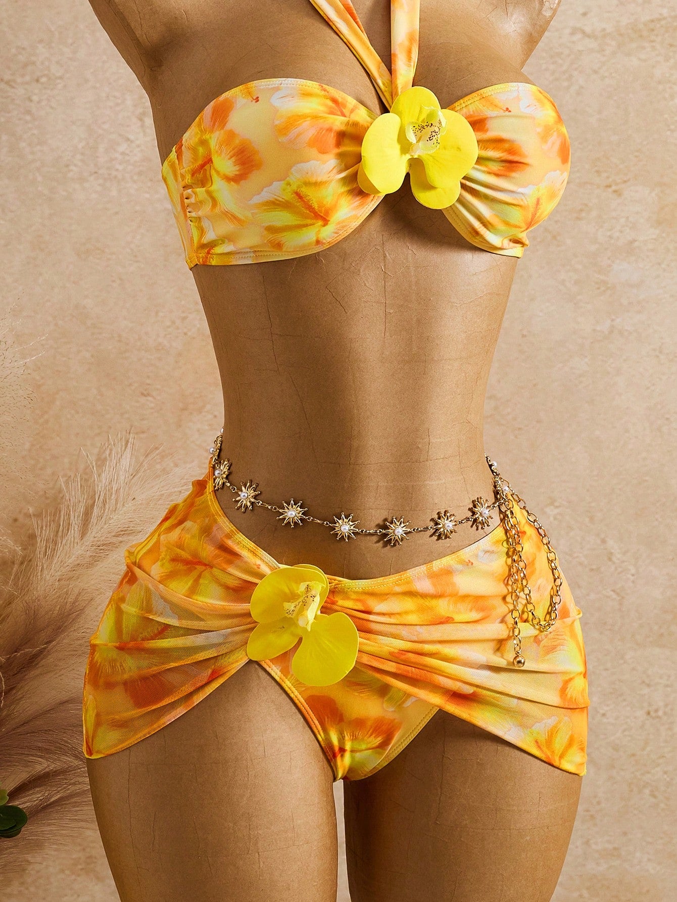 Bellisia Women's Yellow Summer Boho Beach Holiday 3-Piece Set,Tie-Dye