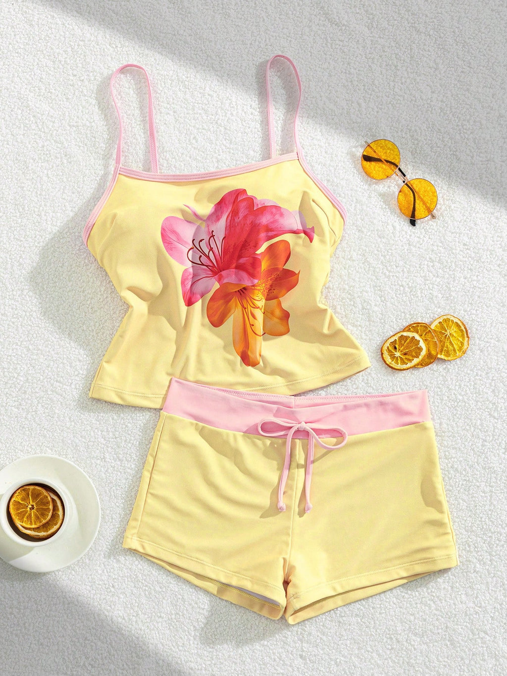 Women's Swimwear Tankini, Tropical Print Vest Bra Built-In T-Shirt