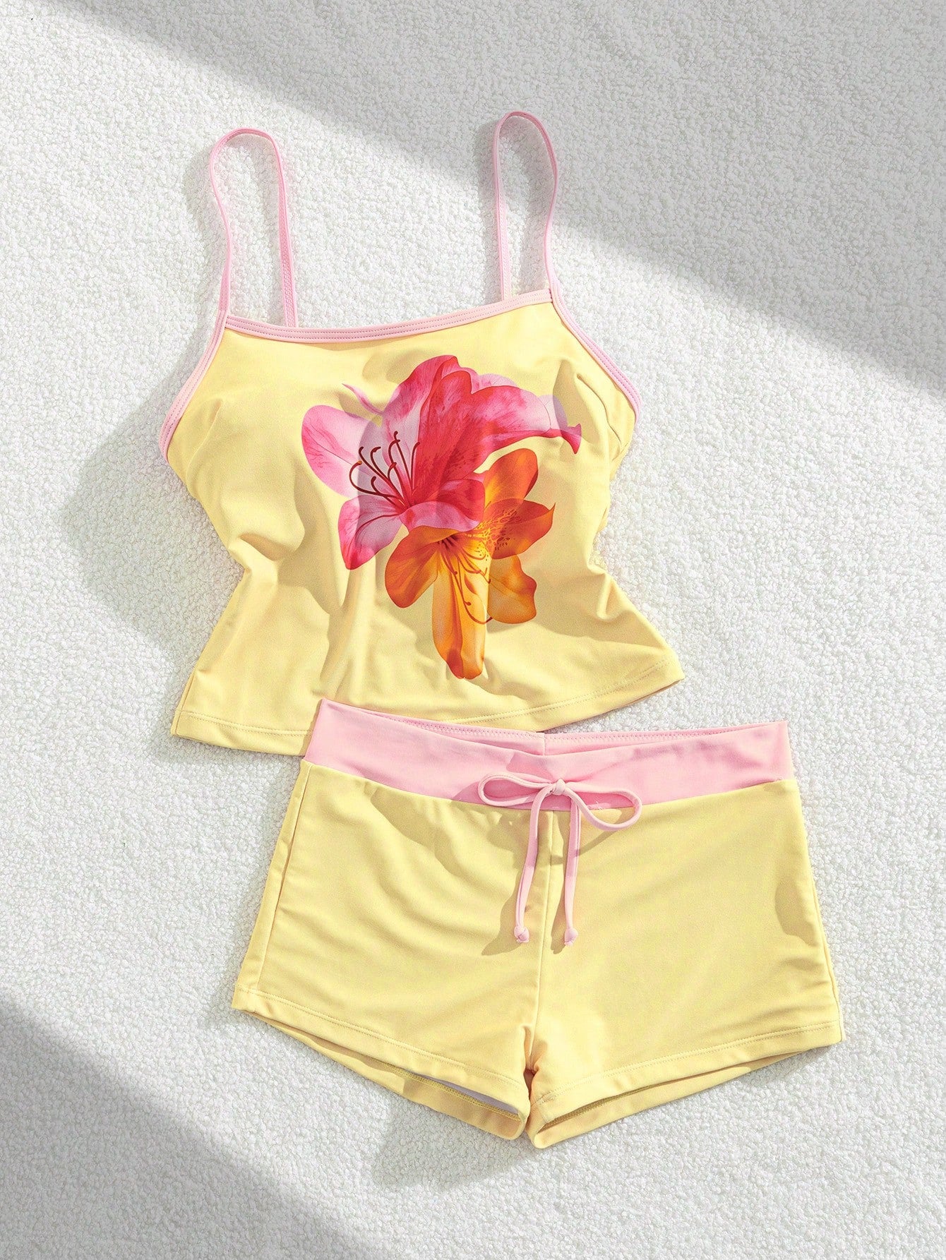Women's Swimwear Tankini, Tropical Print Vest Bra Built-In T-Shirt