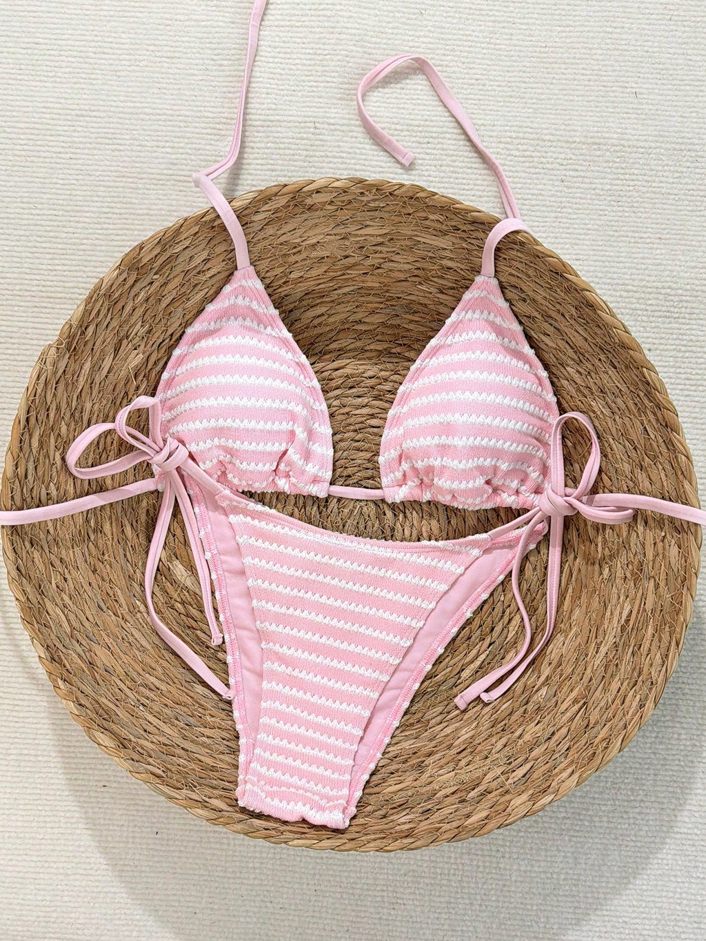 Swim Mod 2026 Women's Halter Neck Tie Side Bikini Set,Pink Orange