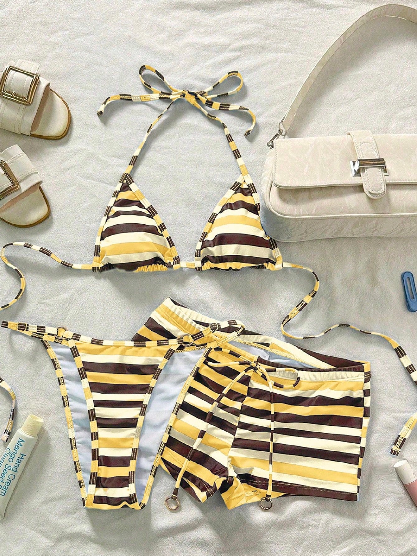 Bonvoyette 3pcs Women Light Blue Striped Bikini Set,Vintage Brown