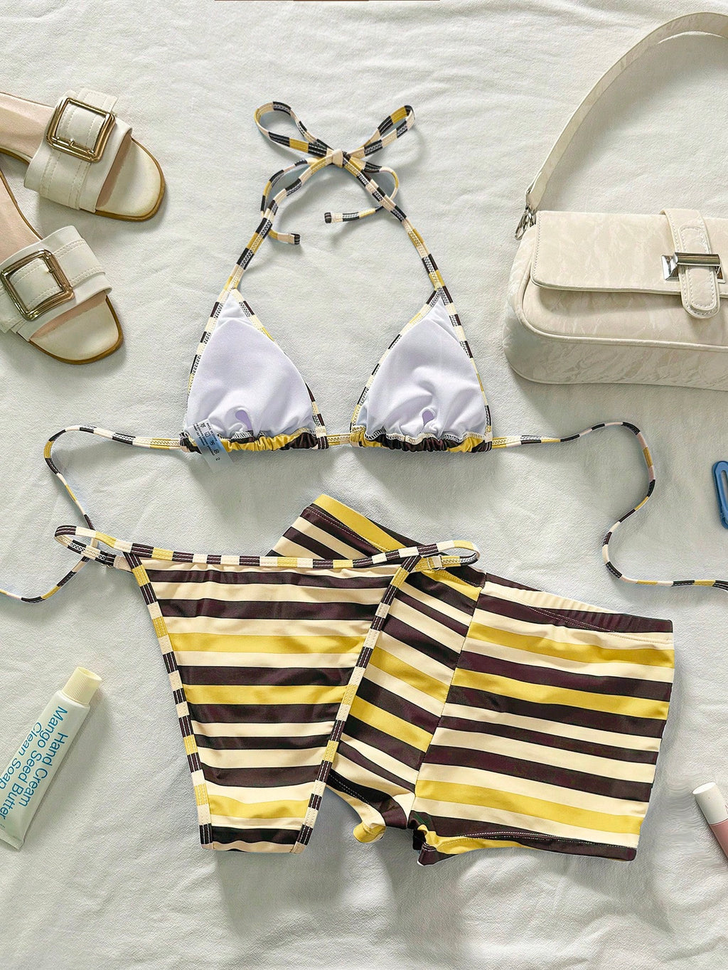Bonvoyette 3pcs Women Light Blue Striped Bikini Set,Vintage Brown