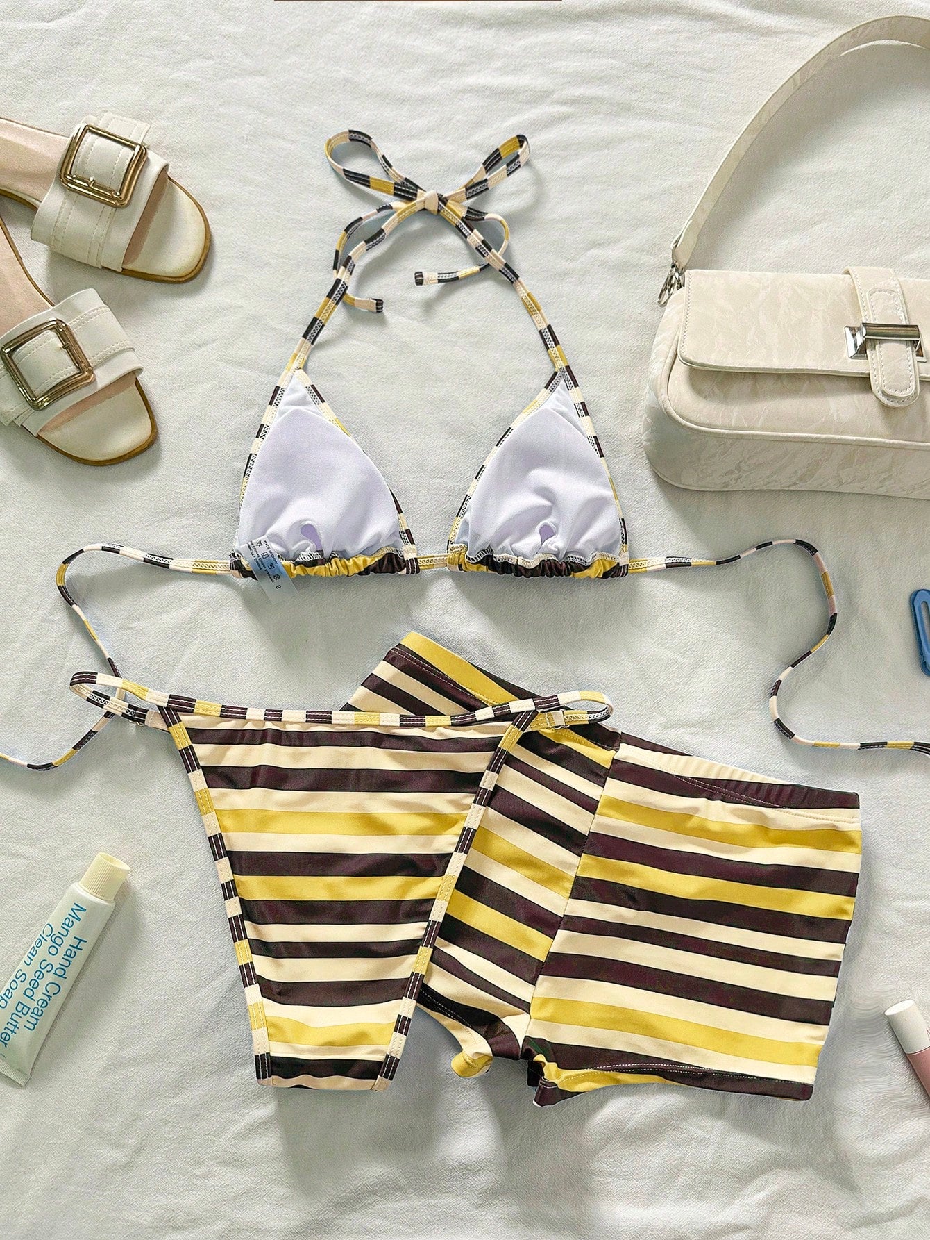 Bonvoyette 3pcs Women Light Blue Striped Bikini Set,Vintage Brown