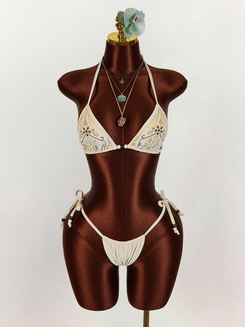 Amplova 2pcs Women's Beaded Embroidered Triangle Cup Bohemian Style Backless Crop Top, Green Sexy &