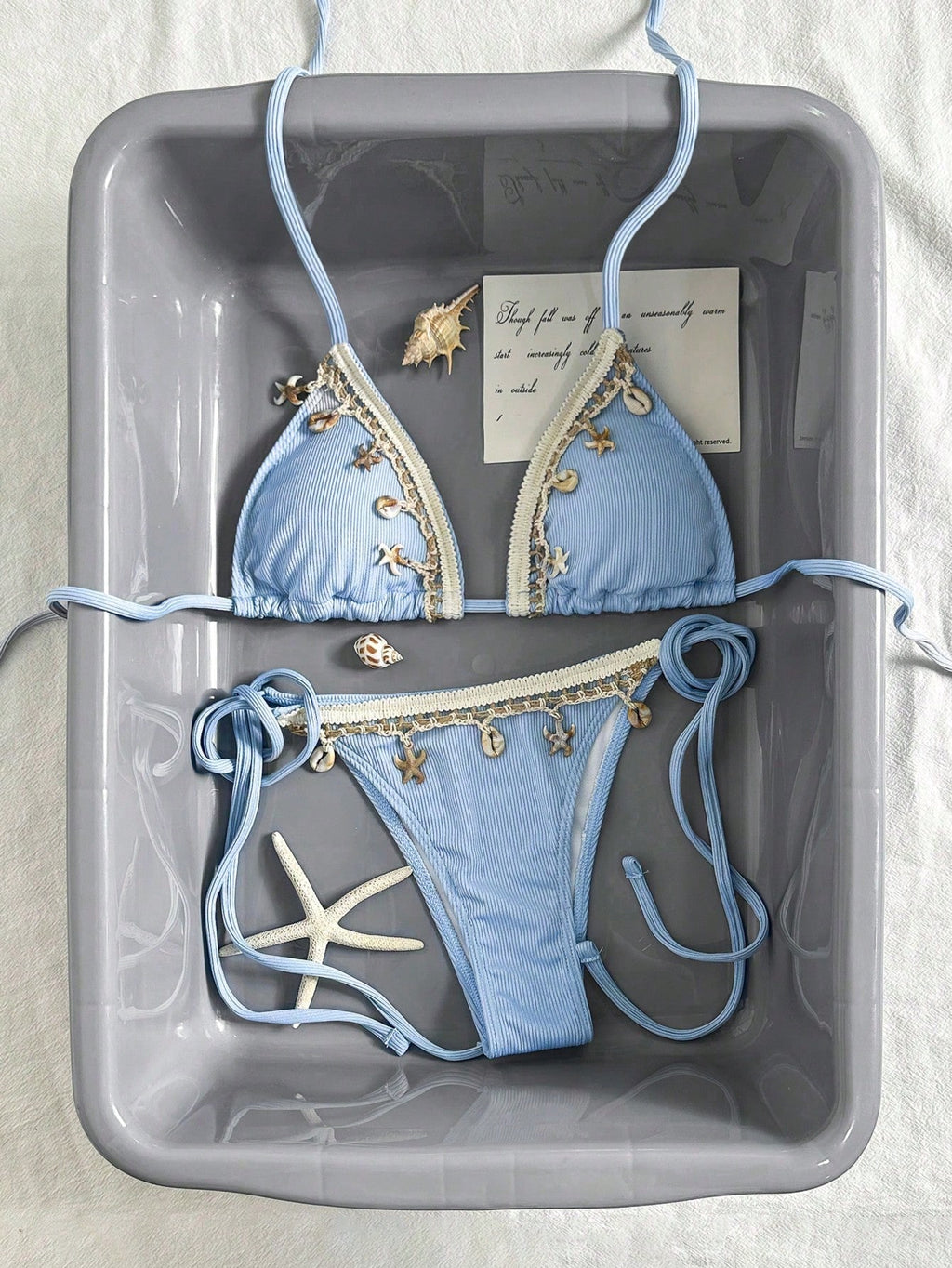 Bikinx Women Solid Color Stitching Ribbon Shell Decoration Triangle