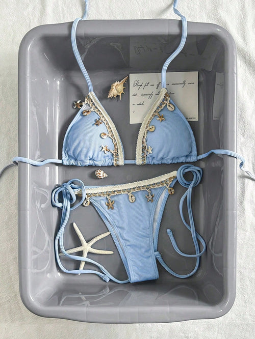Bikinx Women Solid Color Stitching Ribbon Shell Decoration Triangle