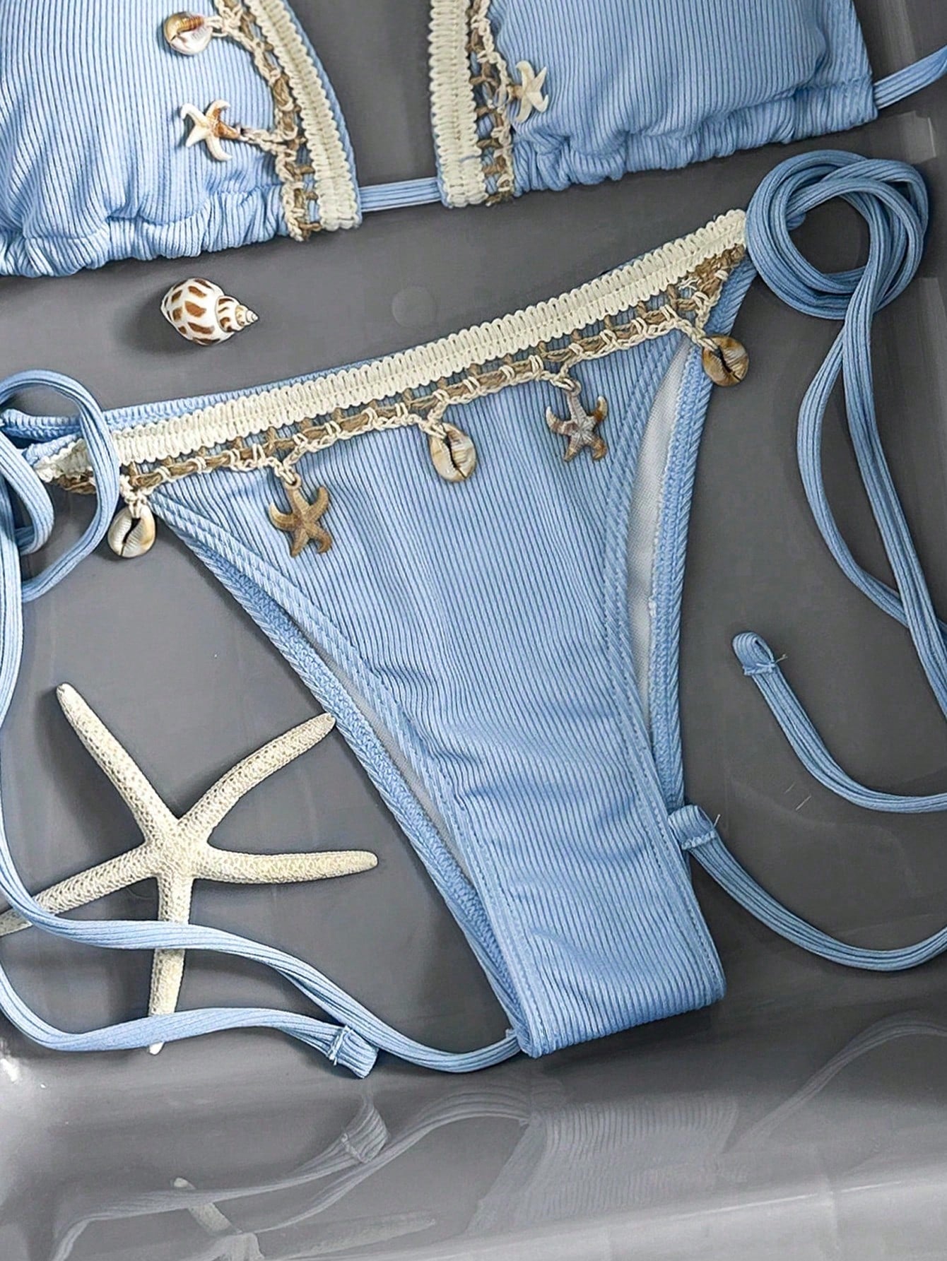 Bikinx Women Solid Color Stitching Ribbon Shell Decoration Triangle