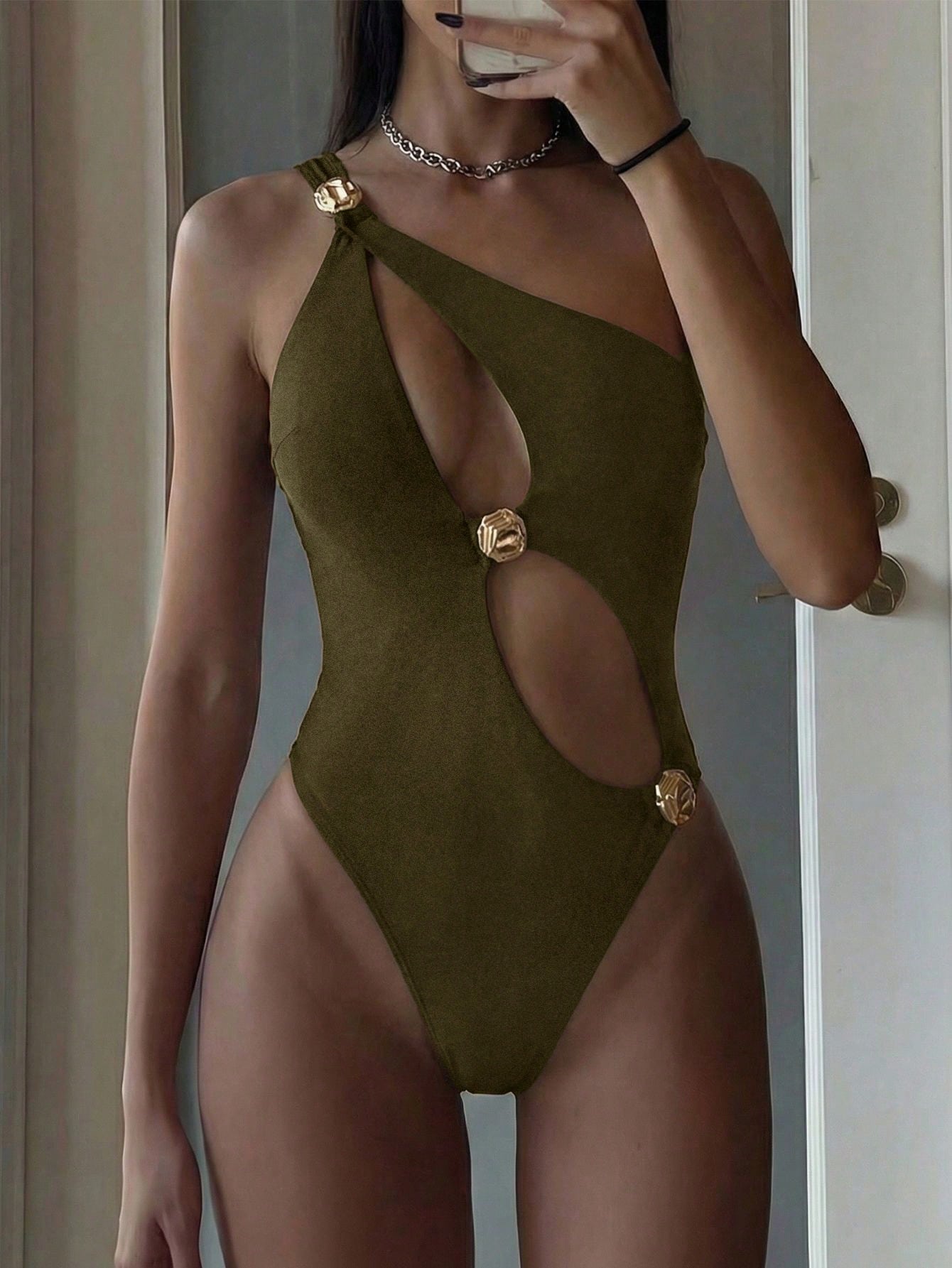 Fembélia Women's Leopard Print Asymmetric Hollow Shoulder One-Piece Swimsuit,Metal Buckle Beachwear For