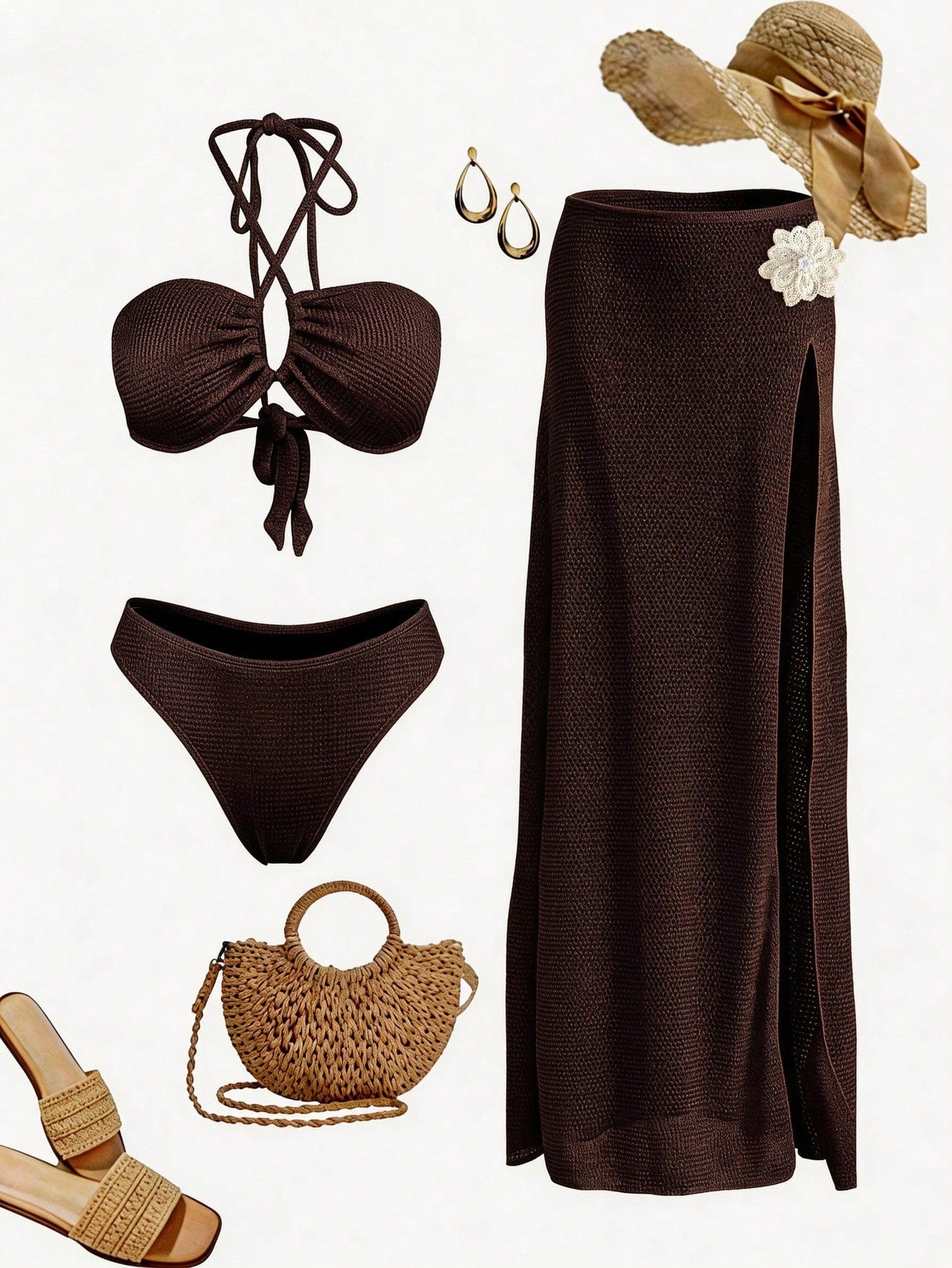Elegant And Sexy Beige Women's Crochet Hollow Out Three Piece Bikini