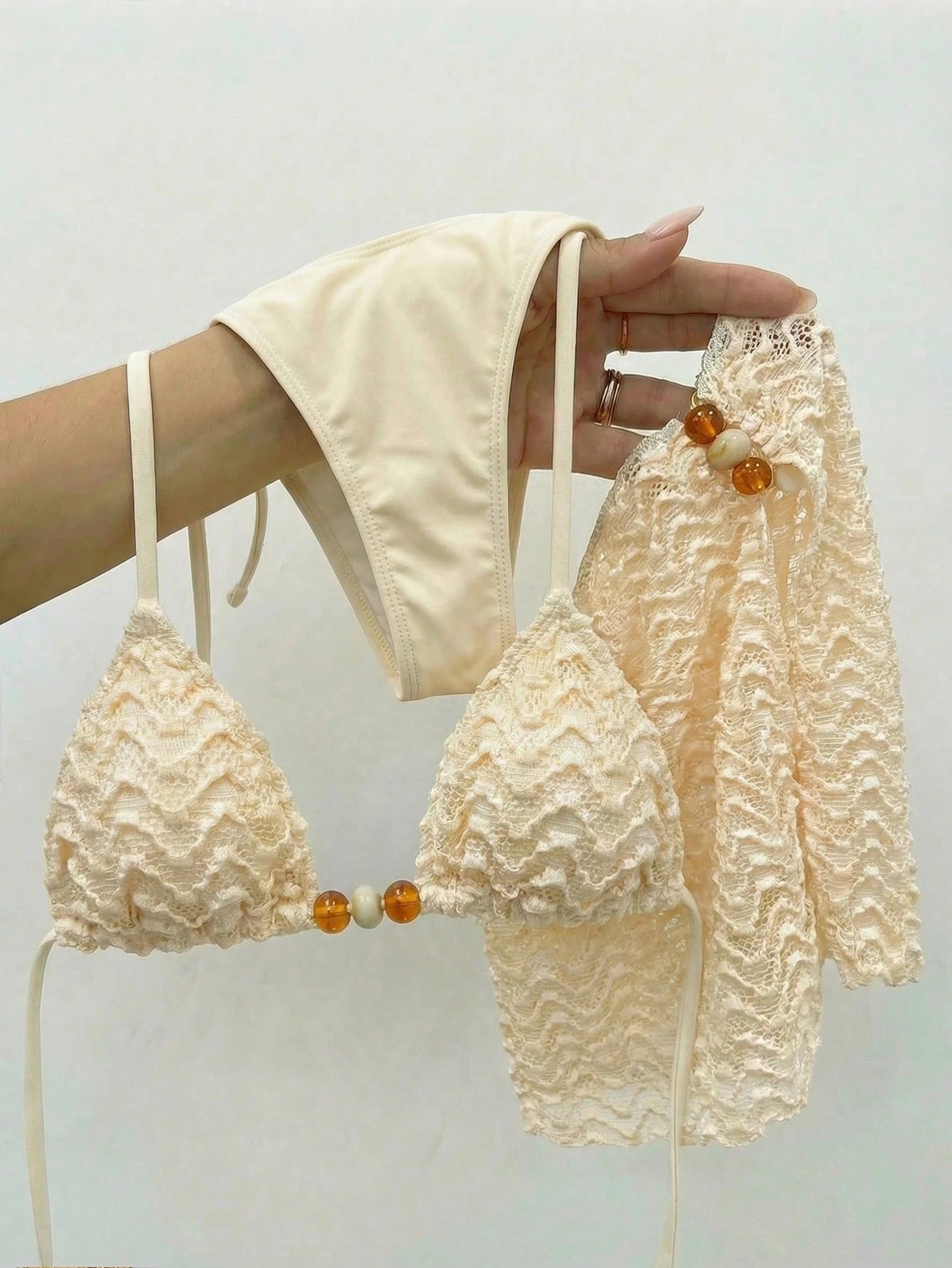 Bikinx 3pcs Women's Summer Wavy Backless Bikini Set, Including Beaded