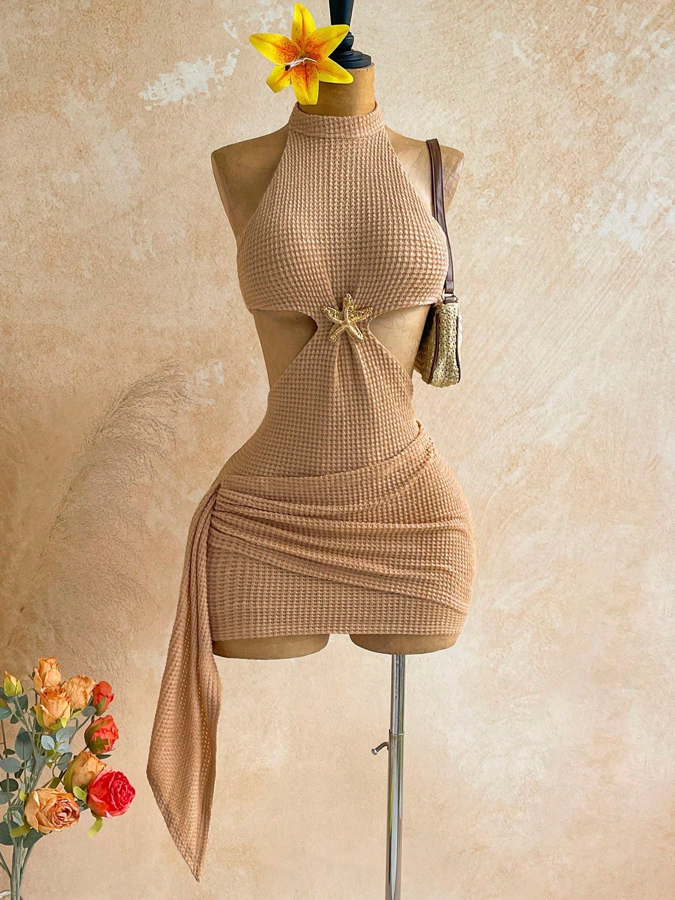 Soleia New Vacation Halter Waist Hollow Out Fitted Flowy Mini Dress,