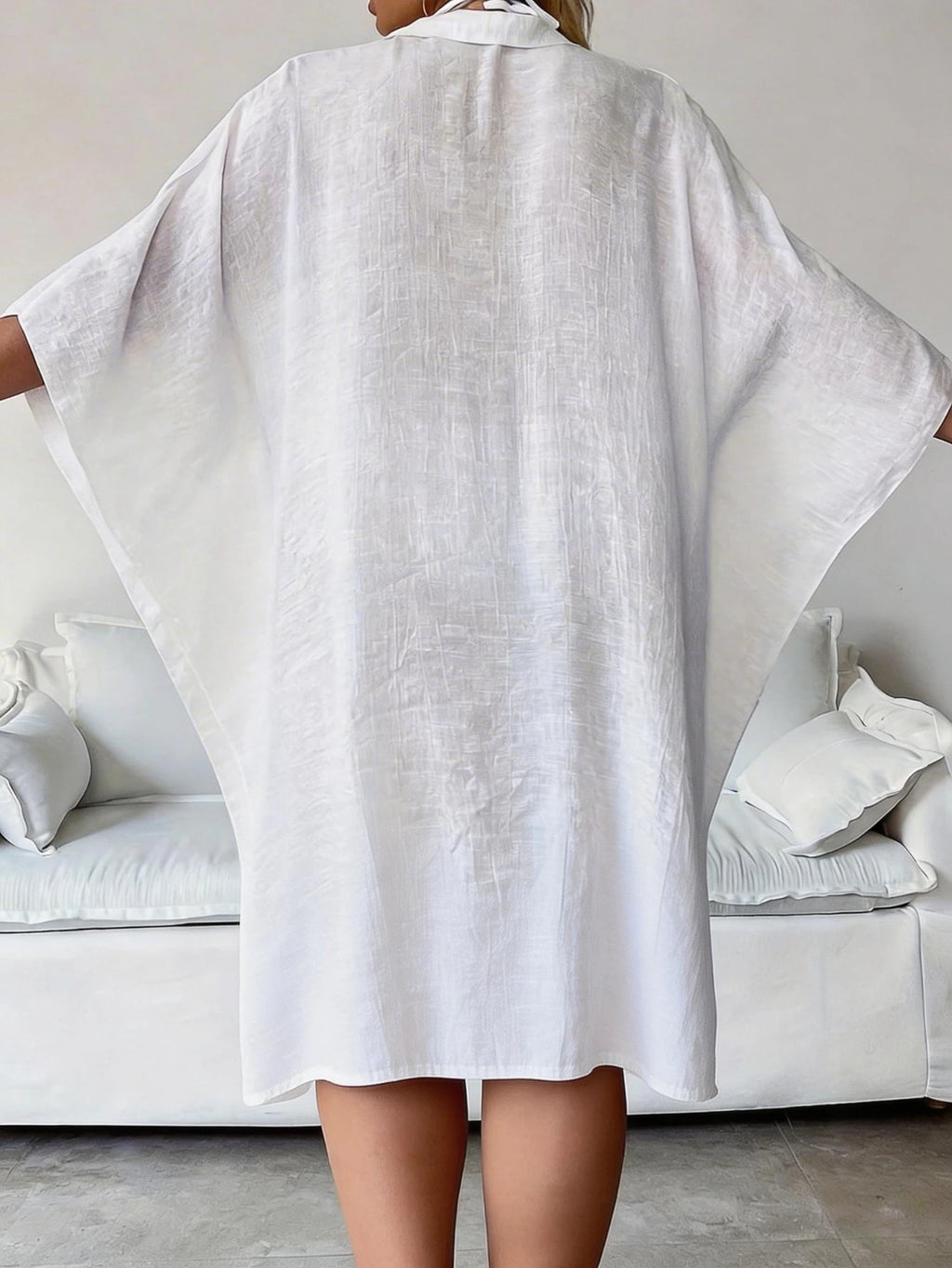 Plus Size Women's Summer White Batwing 3/4 Sleeve Cover Up, White , Single-Breasted Shirt, Solid Color , - image 2