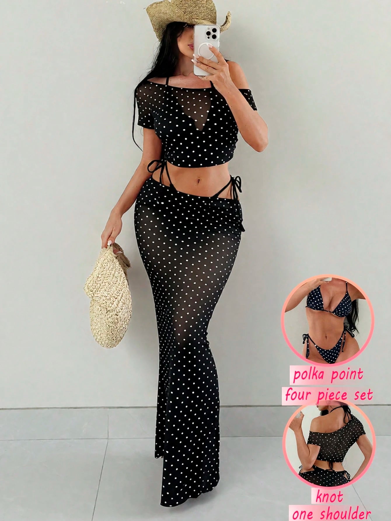 Swim SXY 4pcs Women's Pink Summer Casual Holiday Vacation Holiday Set:Halter Nec