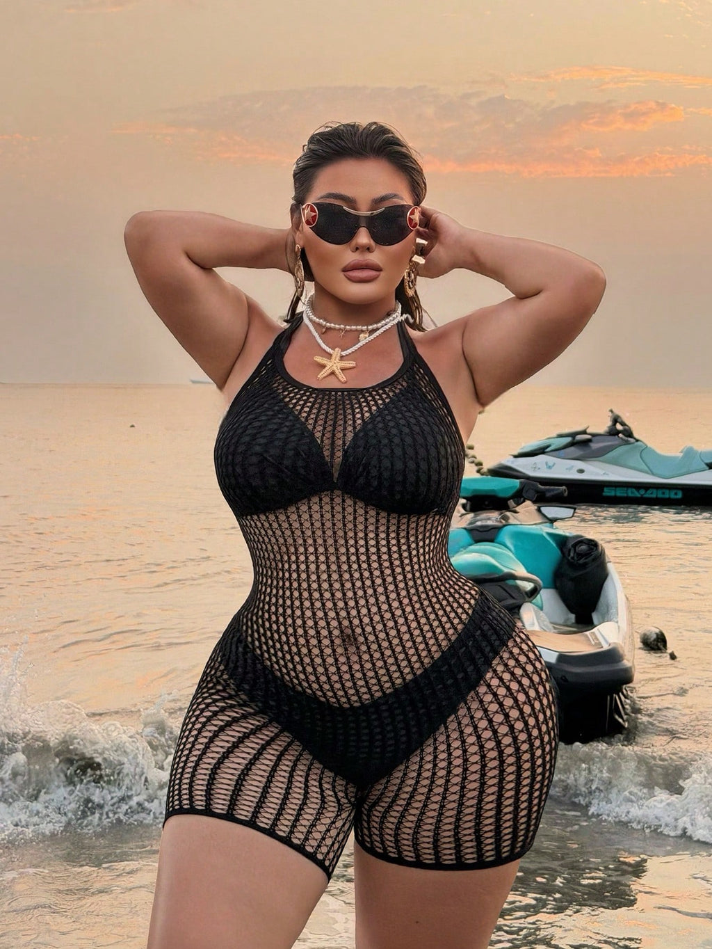 Swim SXY 2026 New Sexy & Romantic High Elasticity Knit Halter Sleeveless Black Plus Size Cover Up