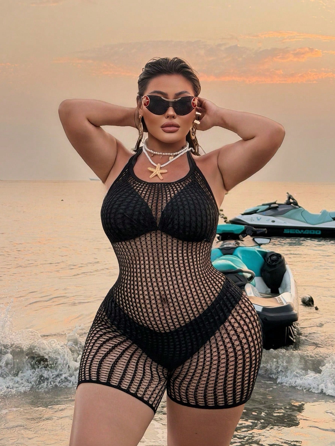 Swim SXY 2026 New Sexy & Romantic High Elasticity Knit Halter Sleeveless Black Plus Size Cover Up