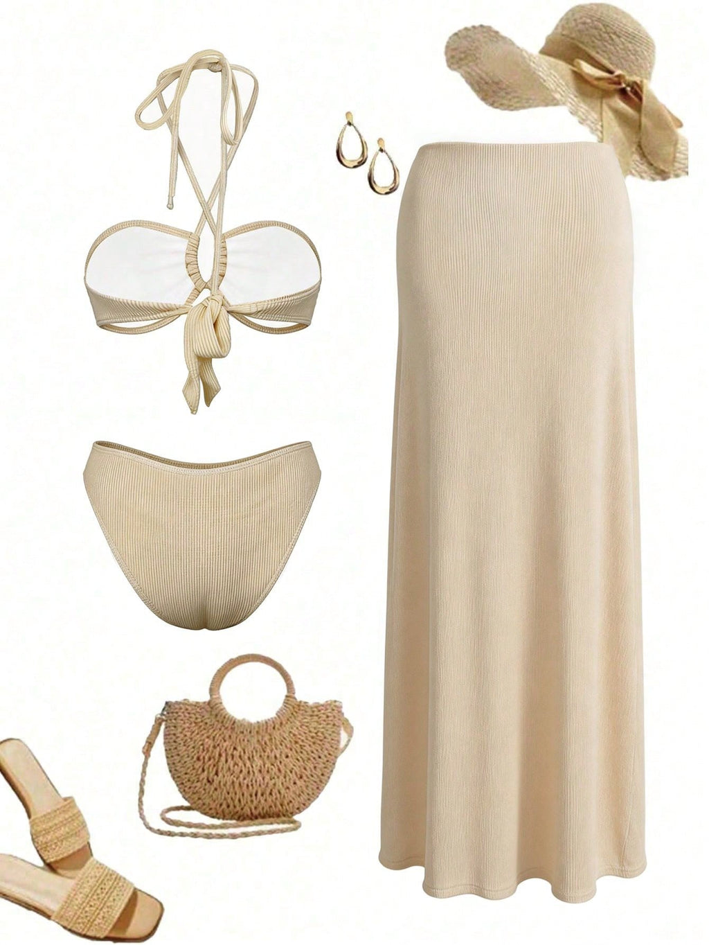 Elegant And Sexy Beige Women's Crochet Hollow Out Three Piece Bikini