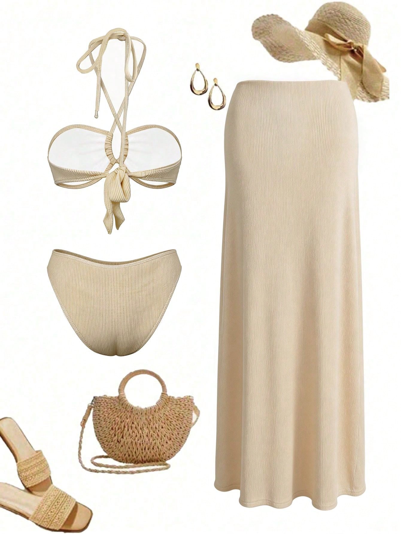 Elegant And Sexy Beige Women's Crochet Hollow Out Three Piece Bikini