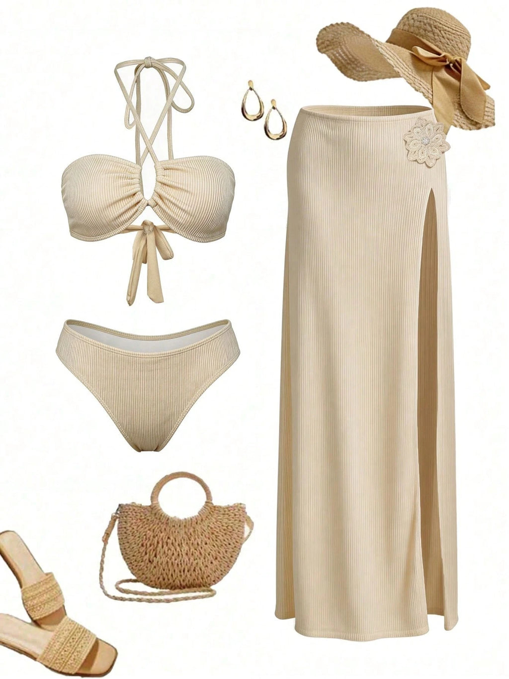 Elegant And Sexy Beige Women's Crochet Hollow Out Three Piece Bikini