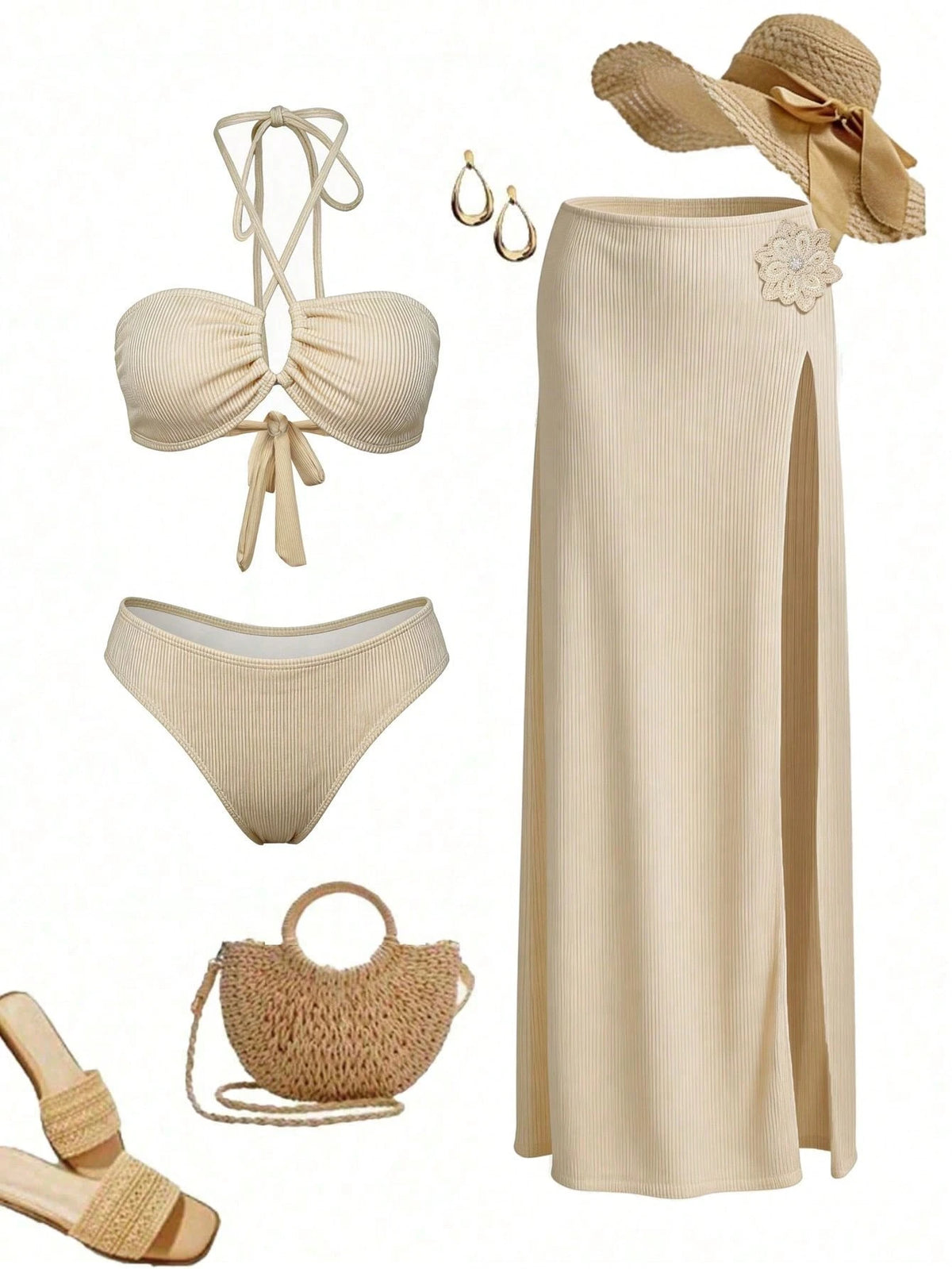 Elegant And Sexy Beige Women's Crochet Hollow Out Three Piece Bikini Floral Dress,Solid Color, Summer Casual - image 13