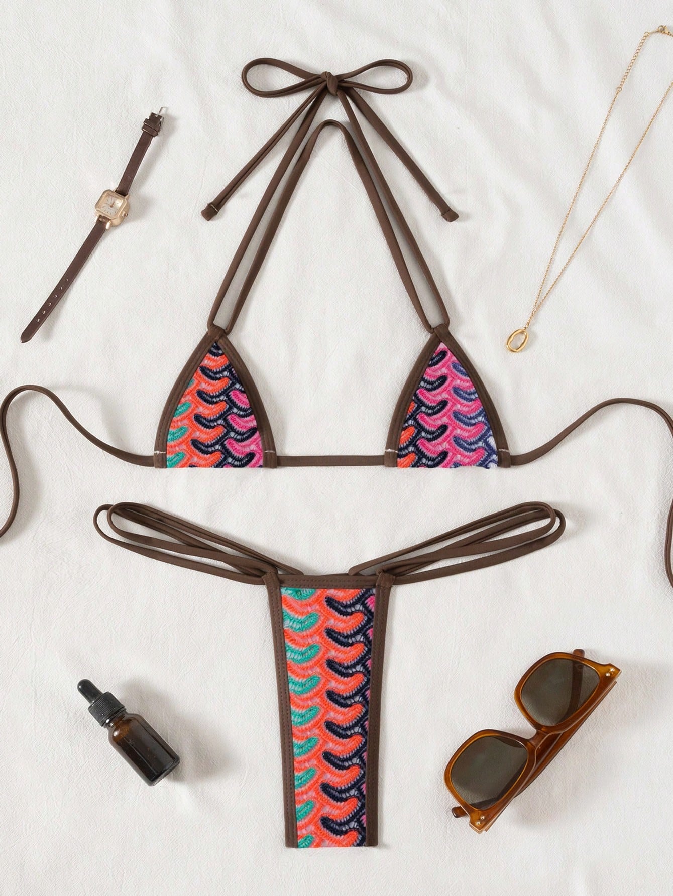 Swim SXY 2pcs/Set New Textured Fabric Micro Triangle Cup Halter Sexy Elegant Vac
