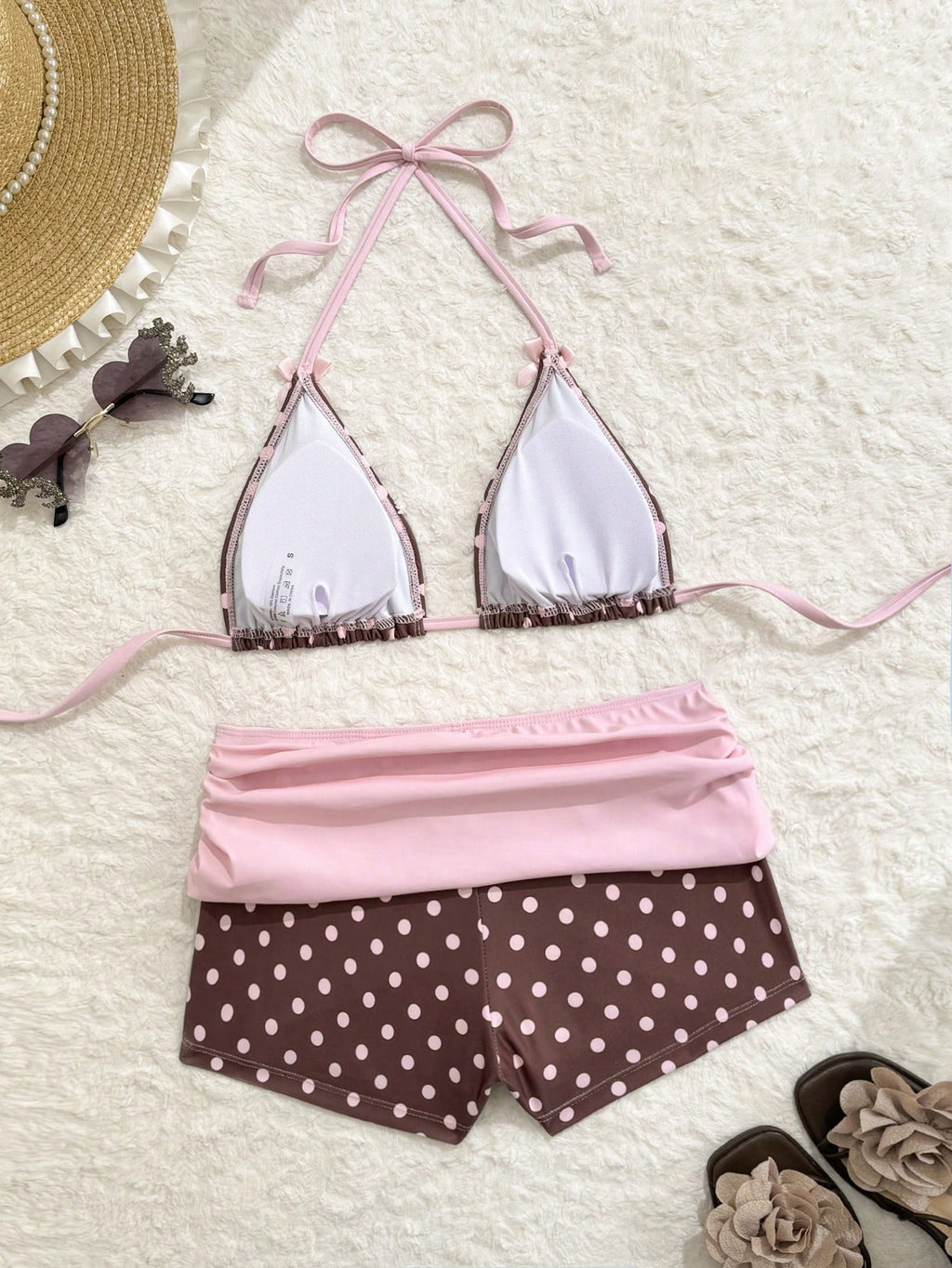 Swim Mod Women's Brown Polka Dot Print Pink Bow Halter Triangle Top