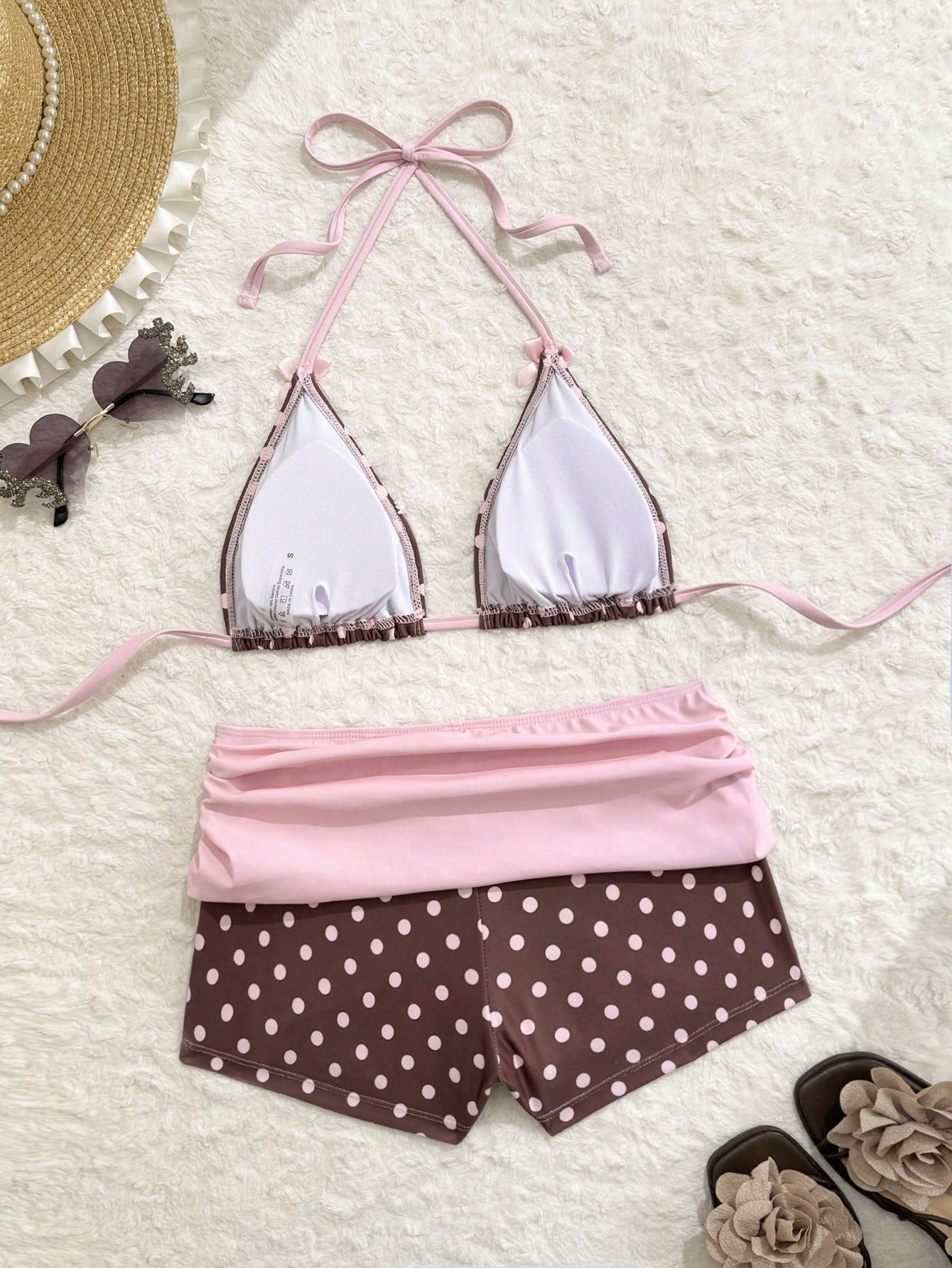 Swim Mod Women's Brown Polka Dot Print Pink Bow Halter Triangle Top