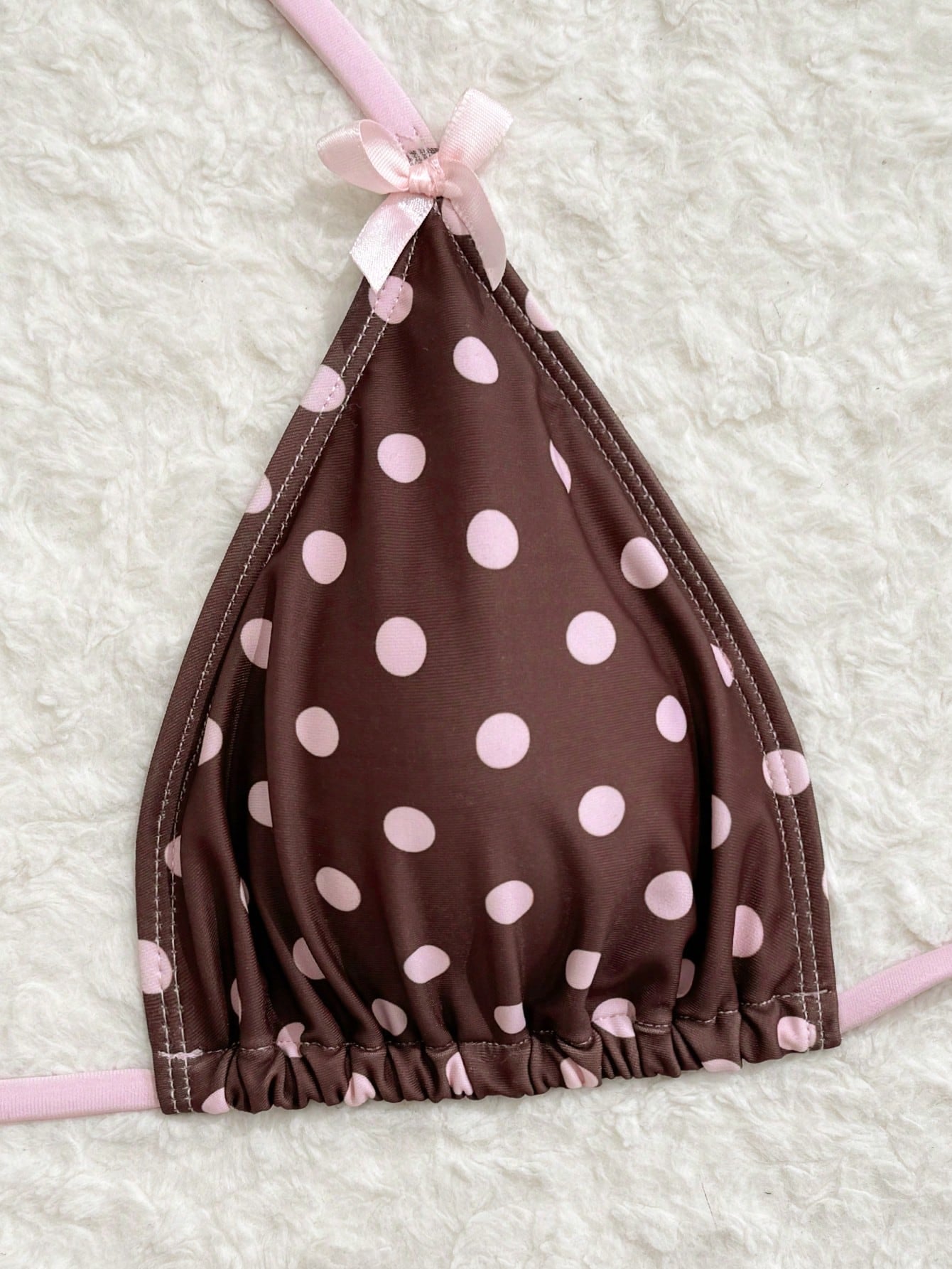 Swim Mod Women's Brown Polka Dot Print Pink Bow Halter Triangle Top