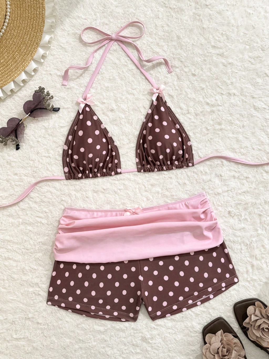 Swim Mod Women's Brown Polka Dot Print Pink Bow Halter Triangle Top
