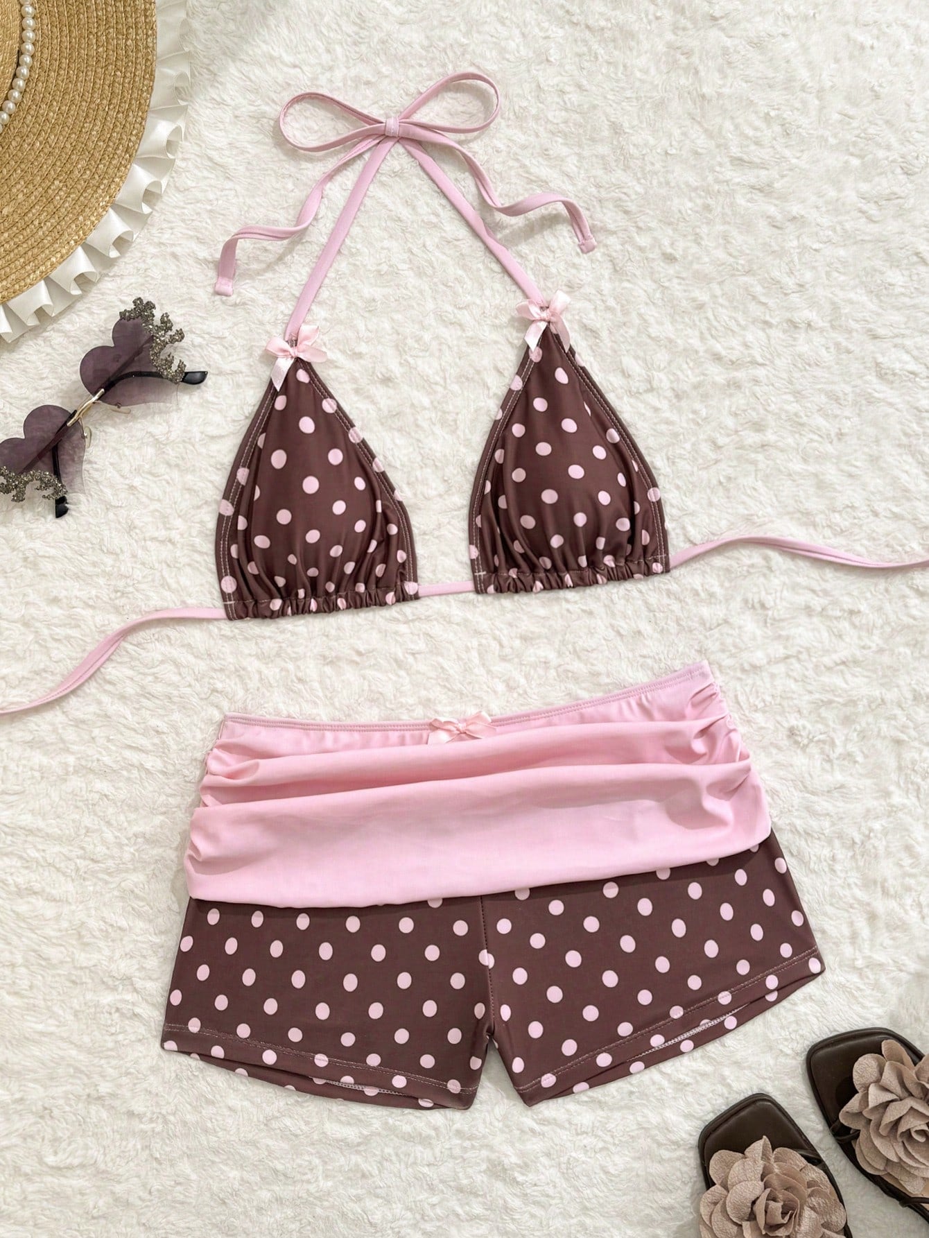 Swim Mod Women's Brown Polka Dot Print Pink Bow Halter Triangle Top