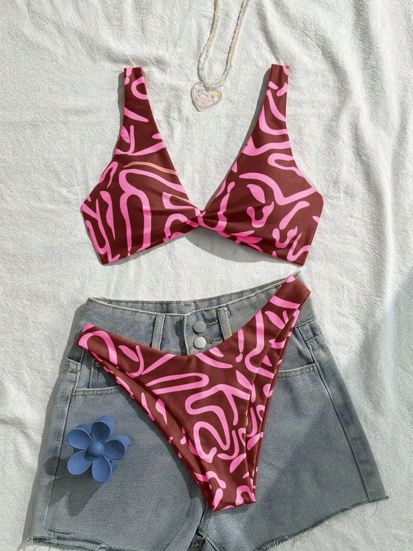 Swim Vcay Women Fashion Blue Floral Print Separate Swimwear Set, Sexy