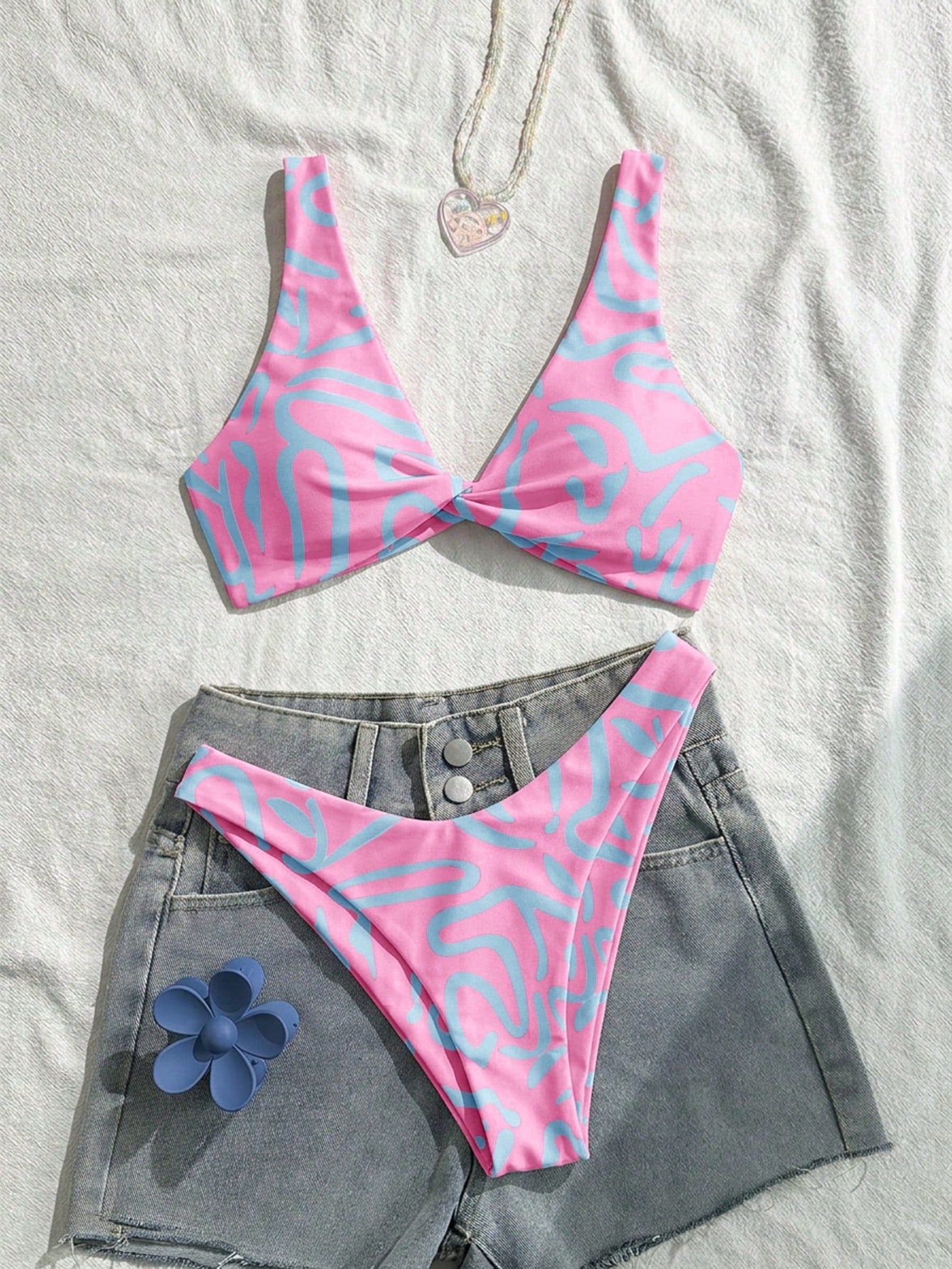Swim Vcay Women Fashion Blue Floral Print Separate Swimwear Set, Sexy
