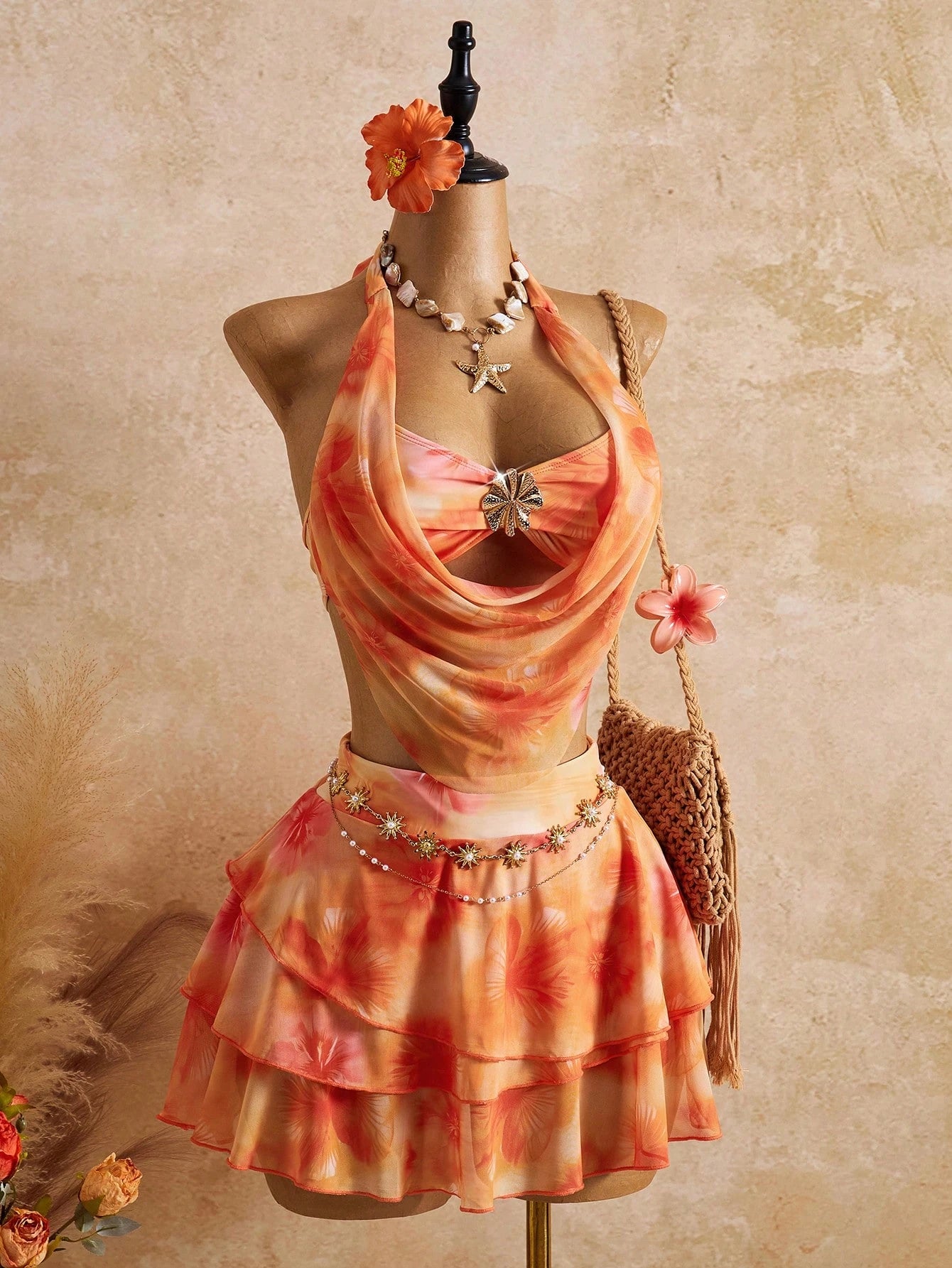 Bellisia 2026 Spring/Summer Vacation Romantic Floral Print Halter Neck Swimsuit Set With Cover-Up And Skirt - image 5