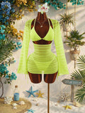 Amplova 3pcs Women's Sexy & Avant-Garde Swimwear Set, Long Sleeve, Neon Green Tie Detail, Suitable For