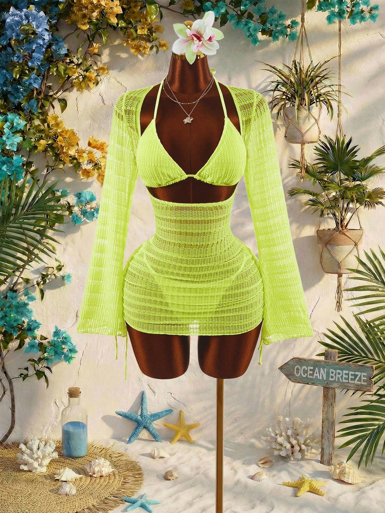 Amplova 3pcs Women's Sexy & Avant-Garde Swimwear Set, Long Sleeve, Neon Green Tie Detail, Suitable For