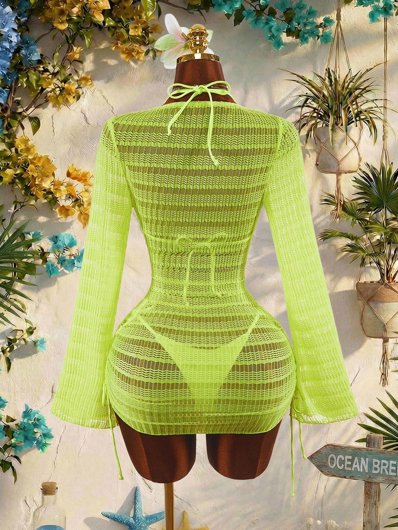 Amplova 3pcs Women's Sexy & Avant-Garde Swimwear Set, Long Sleeve, Neon Green Tie Detail, Suitable For - image 2