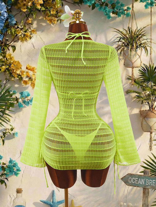Amplova 3pcs Women's Sexy & Avant-Garde Swimwear Set, Long Sleeve, Neon Green Tie Detail, Suitable For - image 2