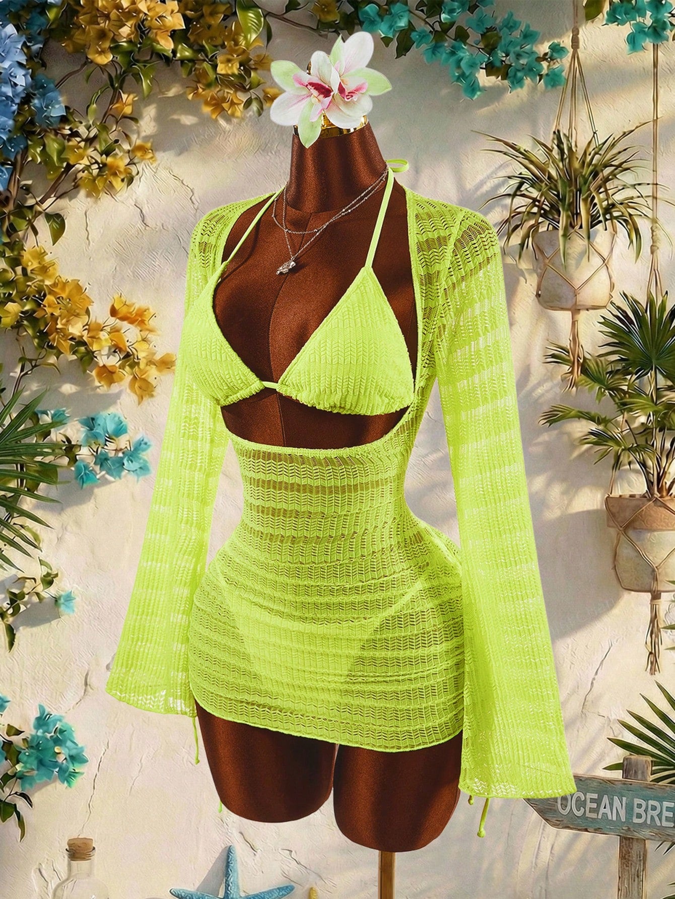 Amplova 3pcs Women's Sexy & Avant-Garde Swimwear Set, Long Sleeve, Neon Green Tie Detail, Suitable For - image 3