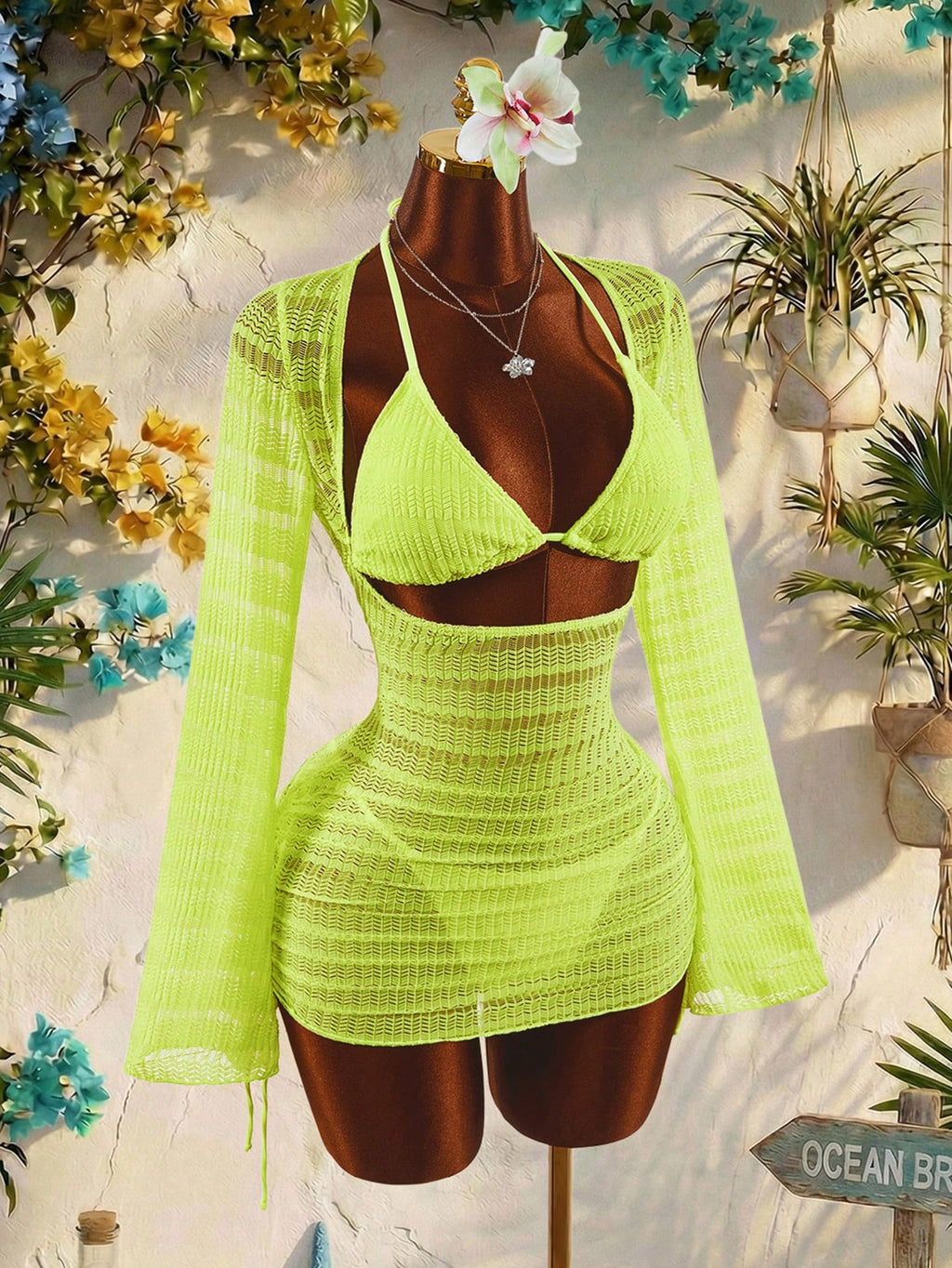 Amplova 3pcs Women's Sexy & Avant-Garde Swimwear Set, Long Sleeve, Neon Green Tie Detail, Suitable For - image 4
