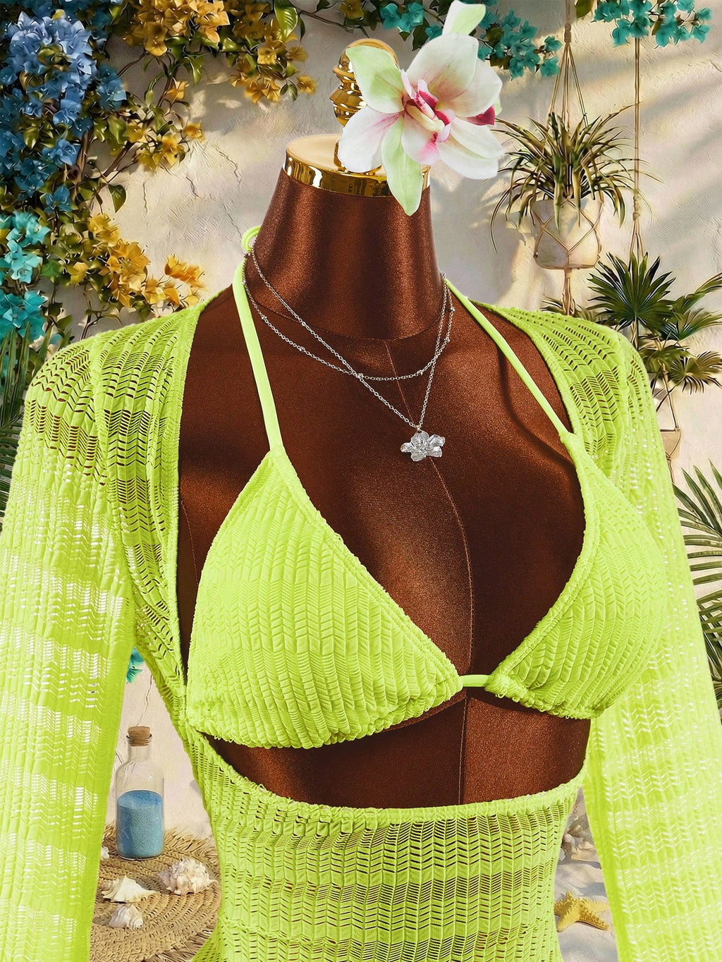 Amplova 3pcs Women's Sexy & Avant-Garde Swimwear Set, Long Sleeve, Neon Green Tie Detail, Suitable For - image 5