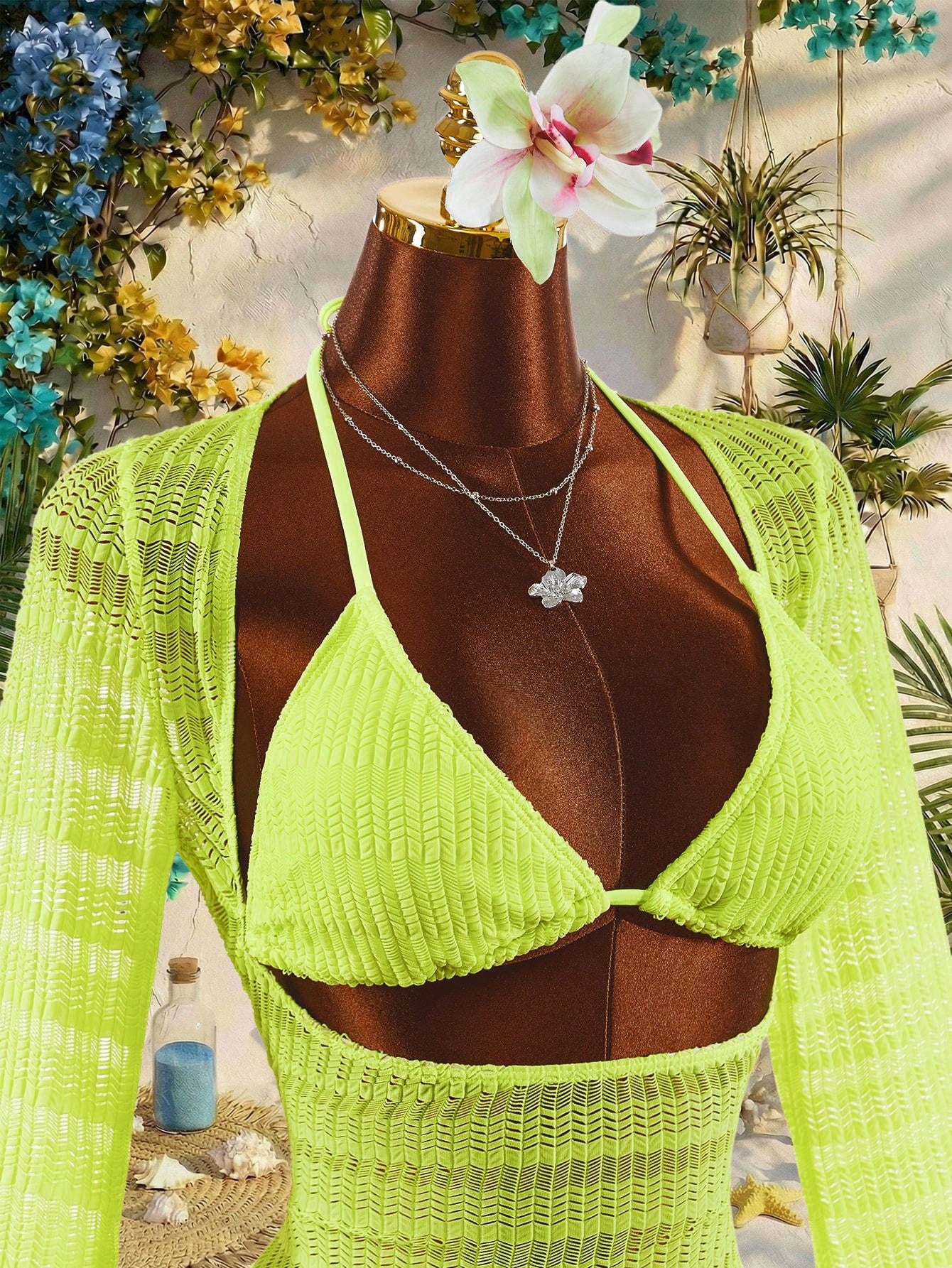 Amplova 3pcs Women's Sexy & Avant-Garde Swimwear Set, Long Sleeve, Neon Green Tie Detail, Suitable For - image 5