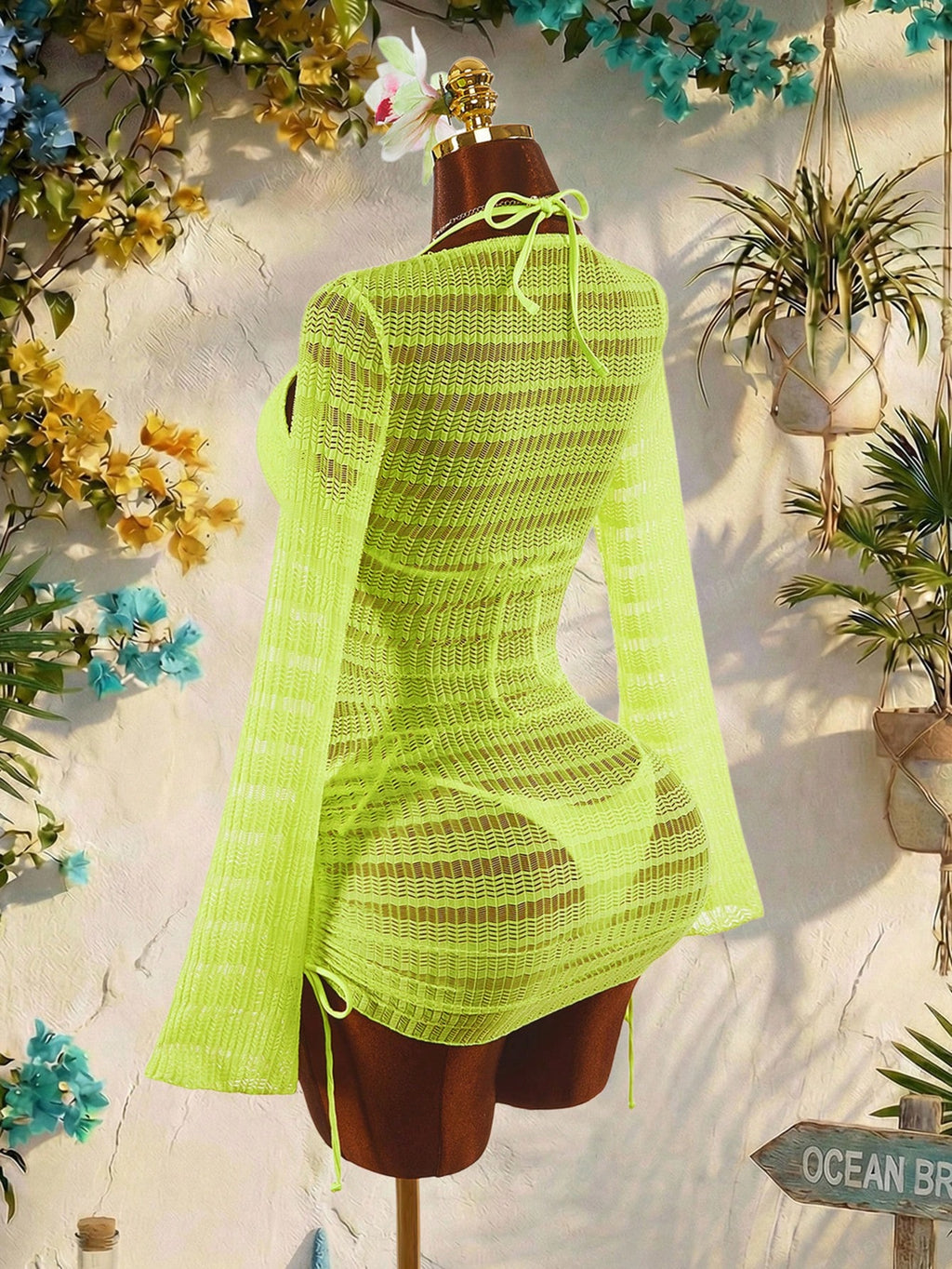 Amplova 3pcs Women's Sexy & Avant-Garde Swimwear Set, Long Sleeve, Neon Green Tie Detail, Suitable For - image 7