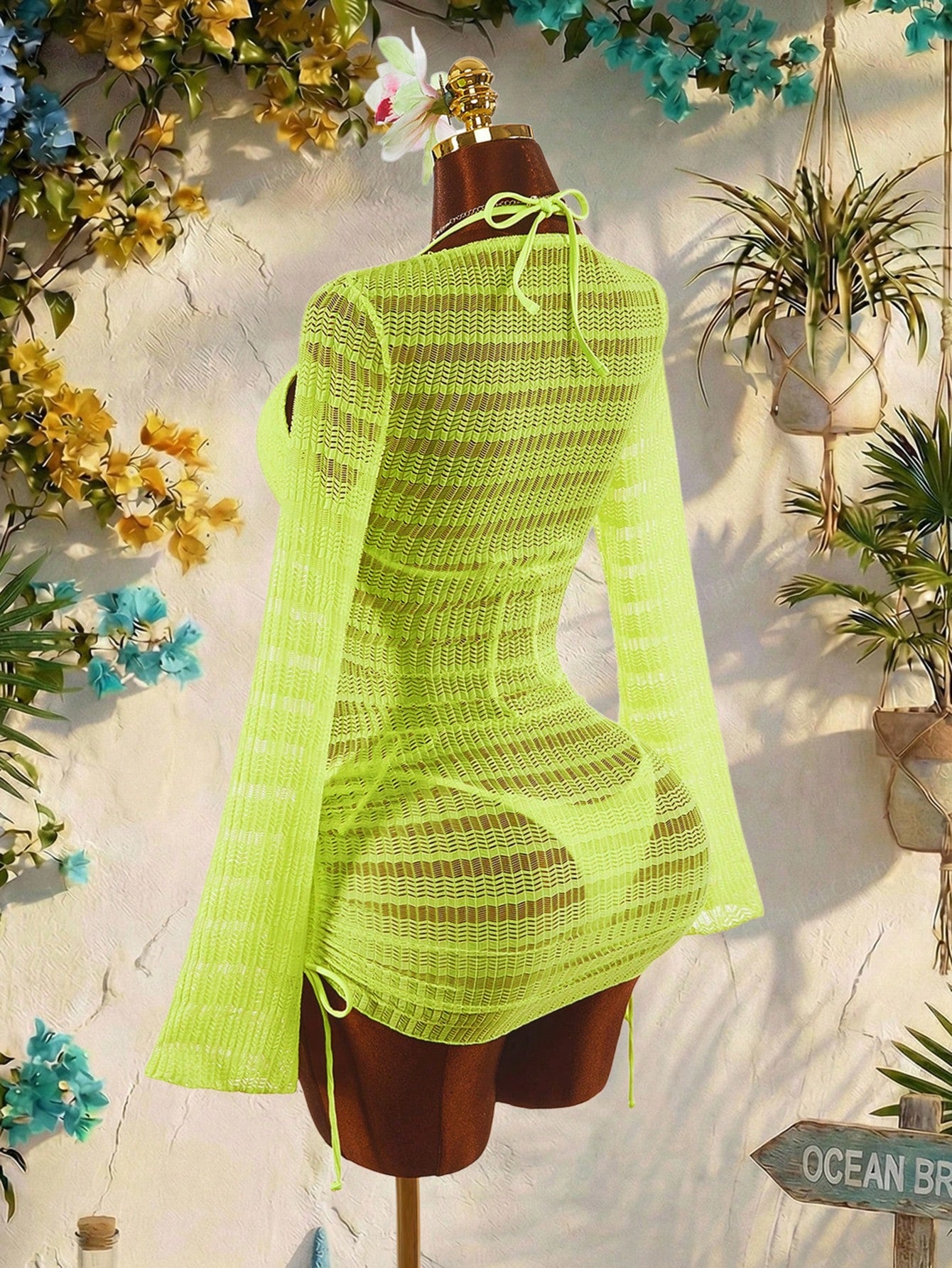 Amplova 3pcs Women's Sexy & Avant-Garde Swimwear Set, Long Sleeve, Neon Green Tie Detail, Suitable For - image 7